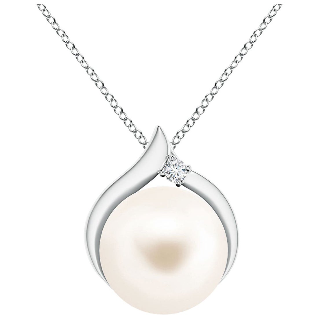 Ciondolo solitario con perla d'acqua dolce coltivata e diamante in oro bianco 14K in vendita
