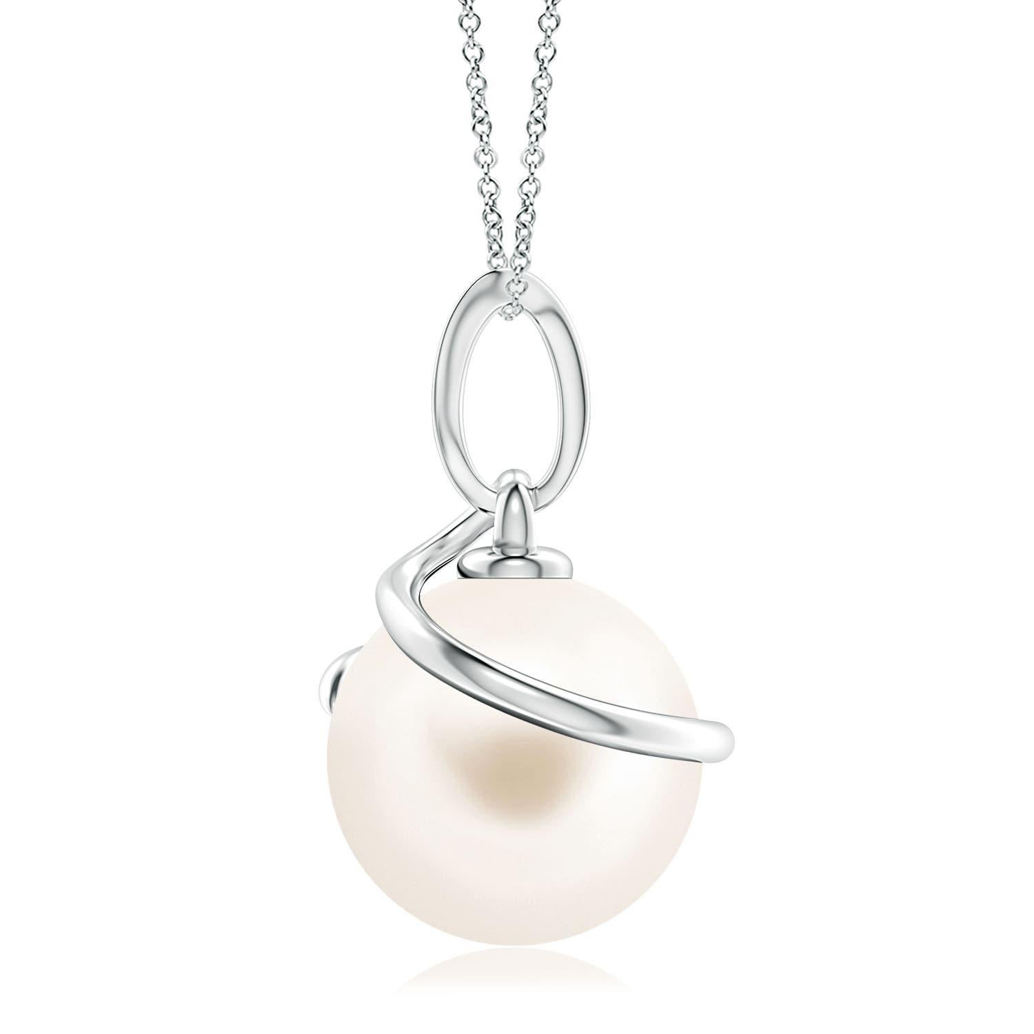 Give an elegant twist to your looks with this Freshwater cultured pearl pendant, crafted in 14k white gold. The beautiful pearl is wrapped by a spiral metal loop and linked to a diamond-studded bale.
Freshwater Cultured Pearl is the Birthstone for