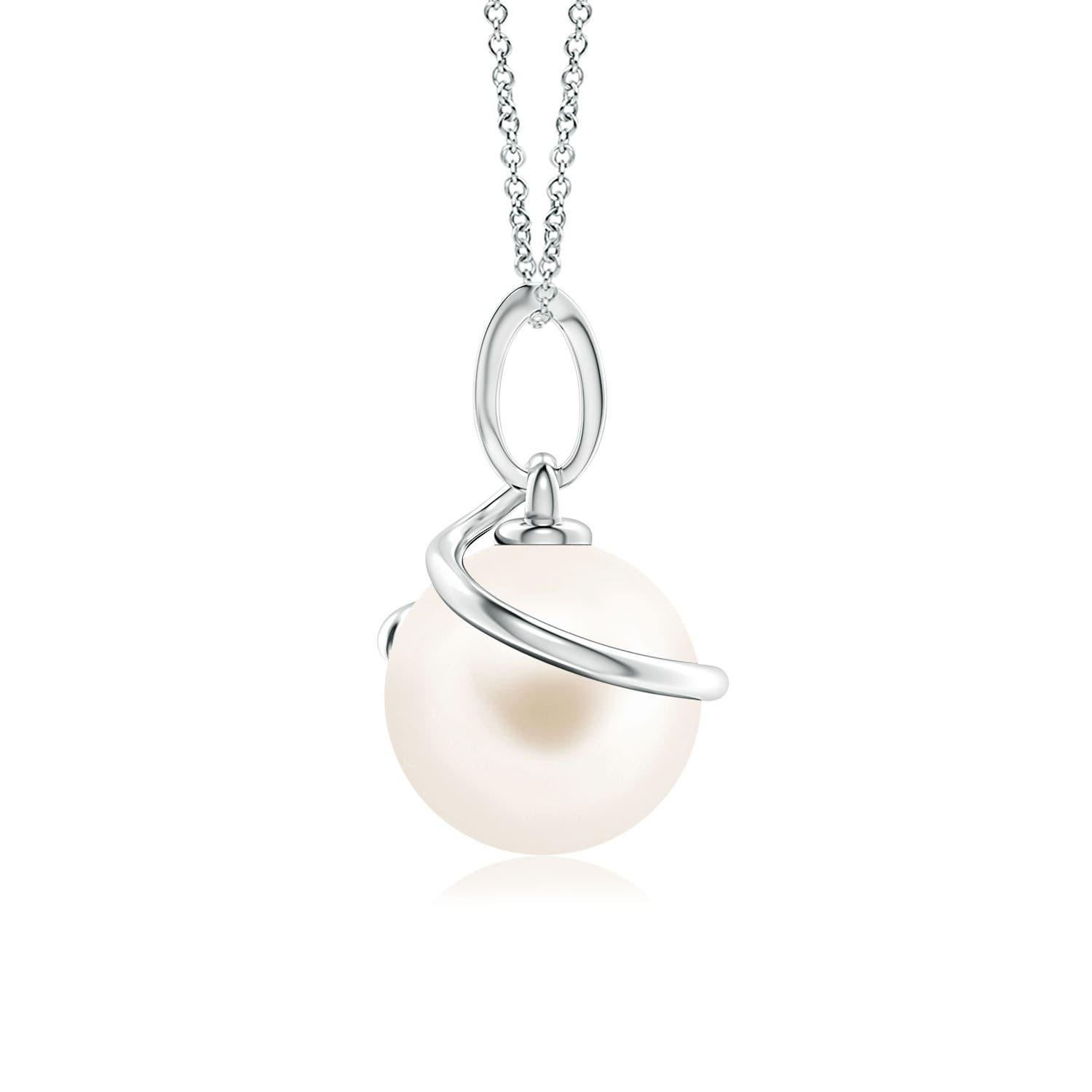 Give an elegant twist to your looks with this Freshwater cultured pearl pendant, crafted in 14k white gold. The beautiful pearl is wrapped by a spiral metal loop and linked to a diamond-studded bale.
Freshwater Cultured Pearl is the Birthstone for