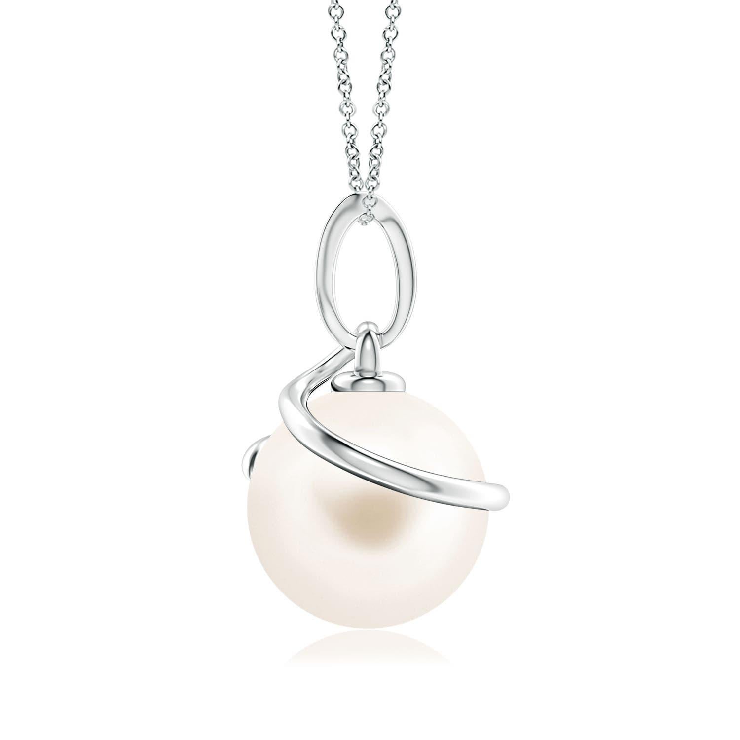 Give an elegant twist to your looks with this Freshwater cultured pearl pendant, crafted in 14k white gold. The beautiful pearl is wrapped by a spiral metal loop and linked to a diamond-studded bale.
Freshwater Cultured Pearl is the Birthstone for