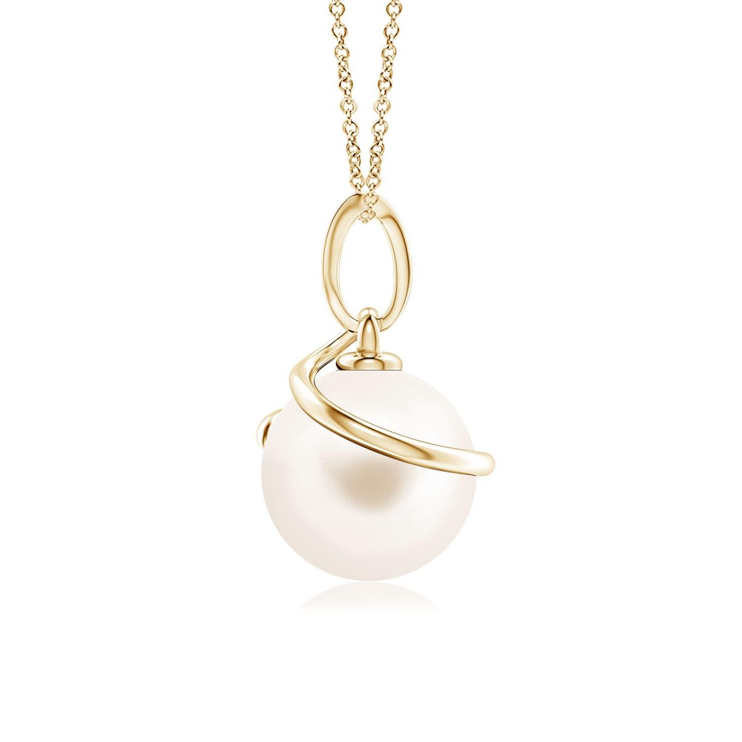Give an elegant twist to your looks with this Freshwater cultured pearl pendant, crafted in 14k yellow gold. The beautiful pearl is wrapped by a spiral metal loop and linked to a diamond-studded bale.
Freshwater Cultured Pearl is the Birthstone for