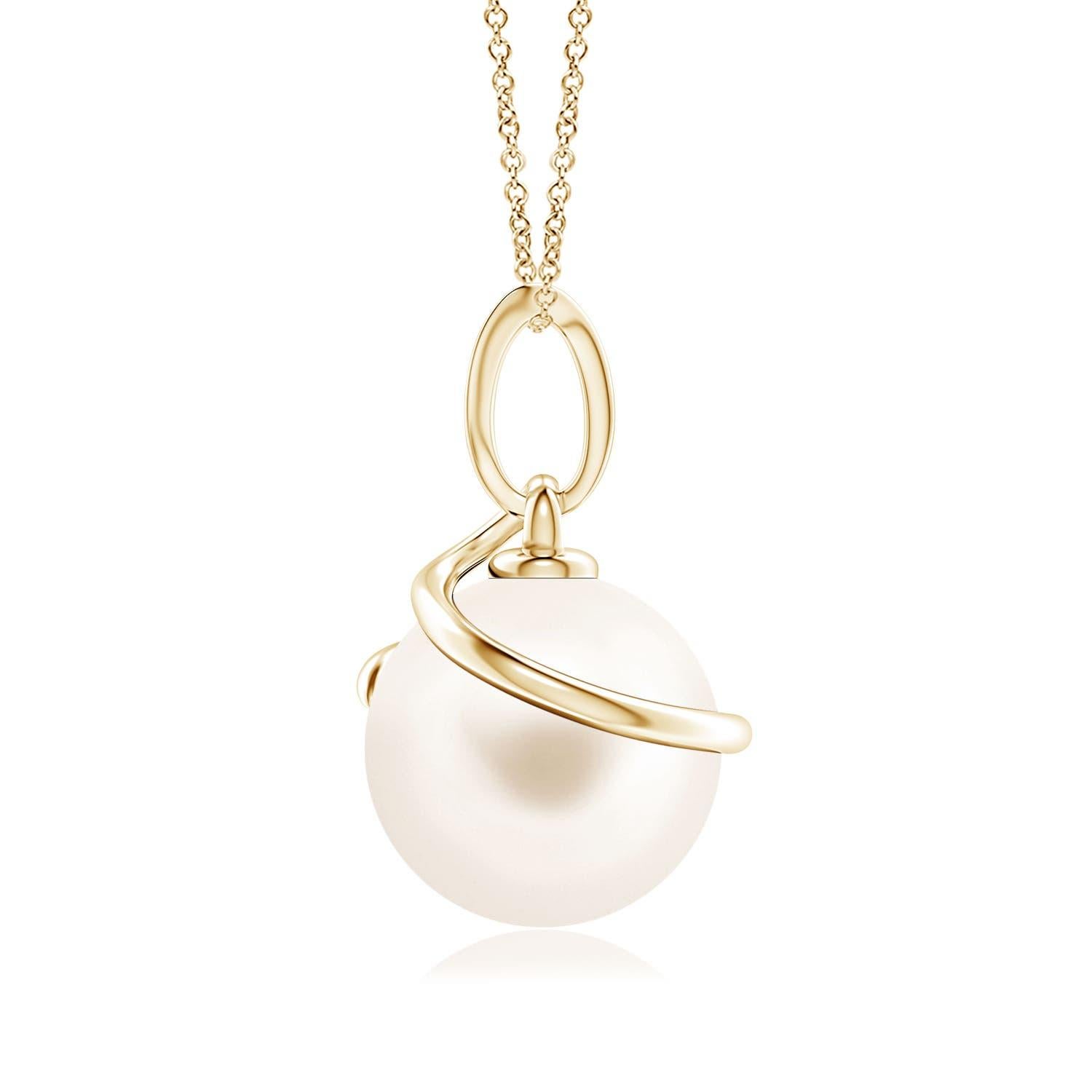 Give an elegant twist to your looks with this Freshwater cultured pearl pendant, crafted in 14k yellow gold. The beautiful pearl is wrapped by a spiral metal loop and linked to a diamond-studded bale.
Freshwater Cultured Pearl is the Birthstone for