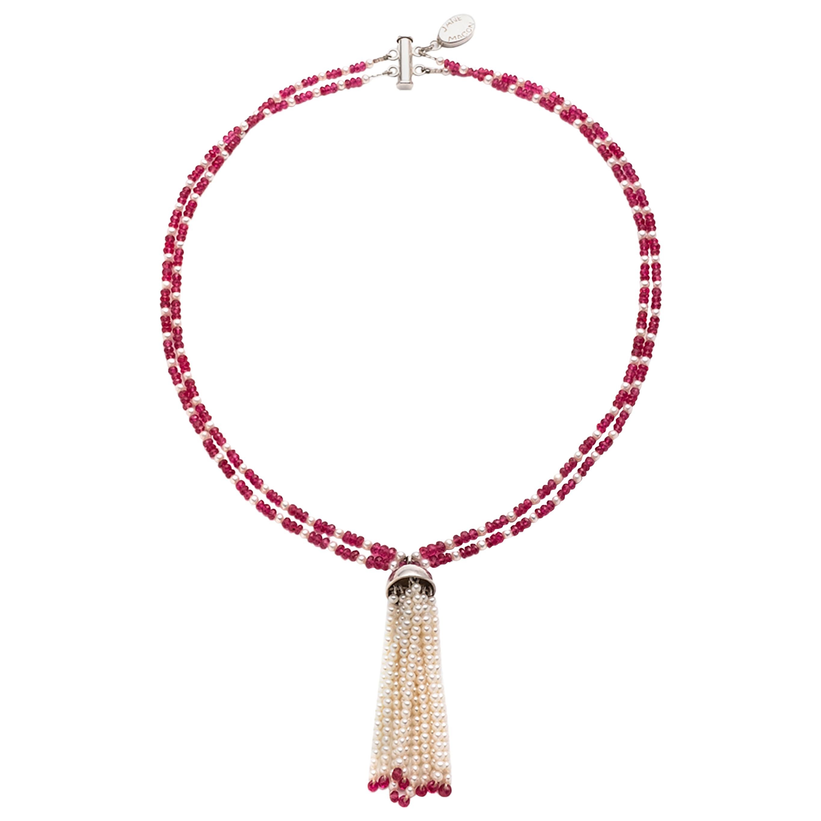 Freshwater Cultured Pearl Tassel and Fine Red Spinel Necklace in Sterling Silver For Sale