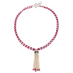 Freshwater Cultured Pearl Tassel and Fine Red Spinel Necklace in Sterling Silver
