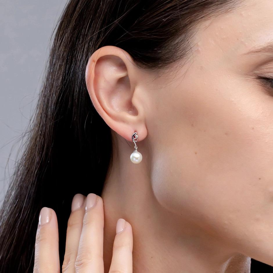 Cabochon Freshwater Cultured Pearl Twist Earrings with Diamond in 14K Rose Gold For Sale