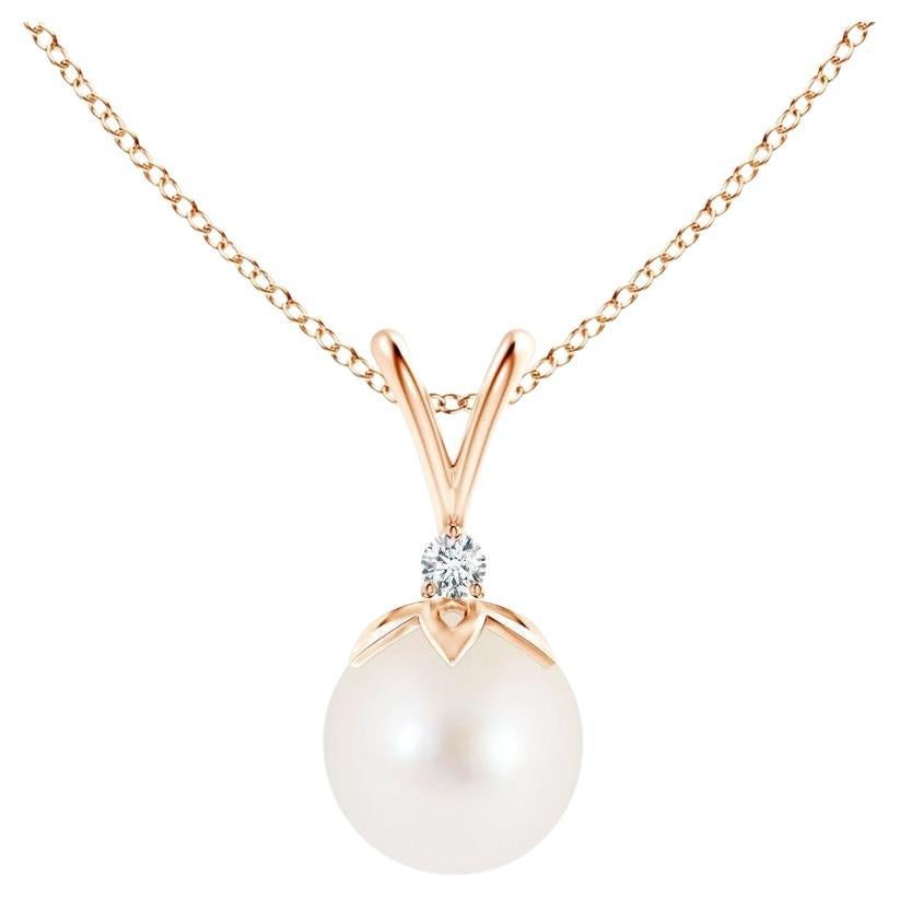 Freshwater Cultured Pearl V-Bale Pendant with Diamond in 14K Rose Gold For Sale