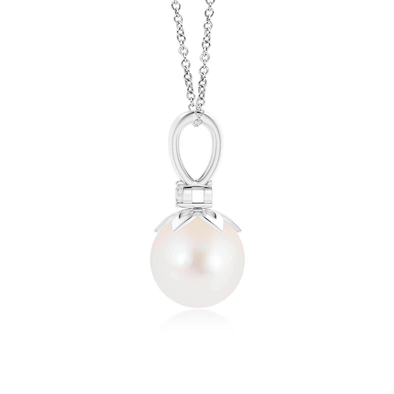 Hanging from a V-bale, the peg-set round Freshwater cultured pearl allures with its classic white color. Right below the bale sits a prong-set diamond accent that adds to the beauty of this drop pearl pendant. Be it your formal or casual outfits,
