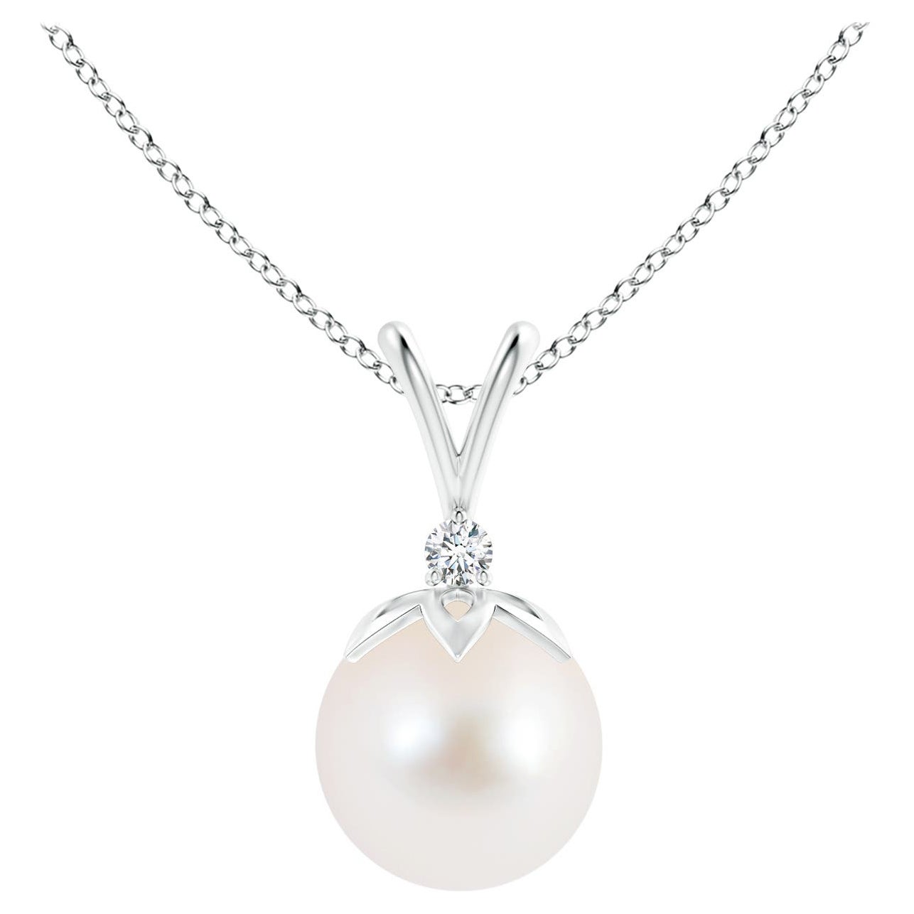 Süßwasser-Zuchtperlen-Anhänger mit V-Bale-Anhänger mit Diamant in 14K Weißgold