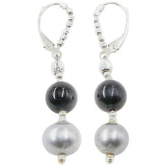 Freshwater Grey Pearl and Onyx Bead Dangle Earrings