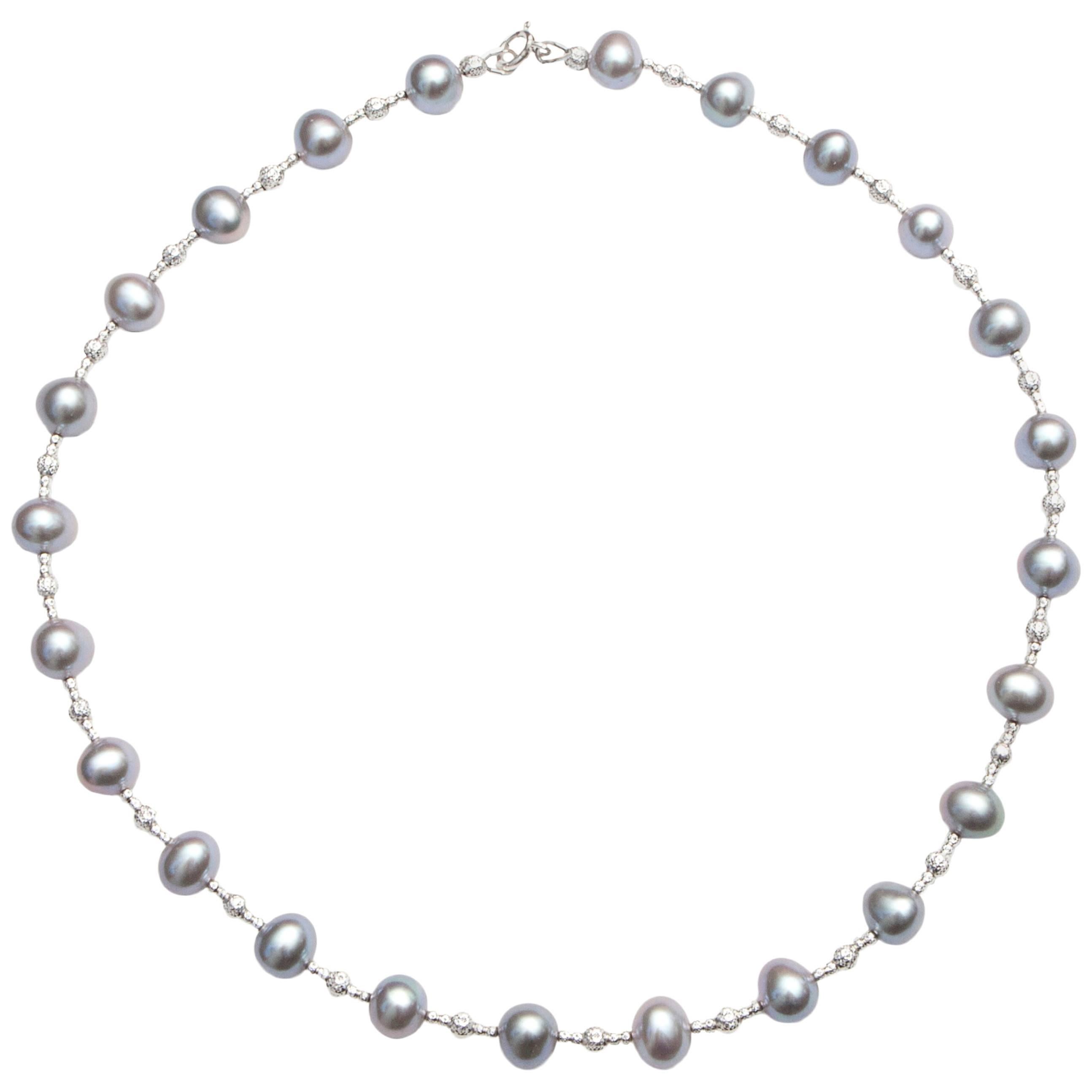 Freshwater Grey Pearl Necklace with Diamond Cut Beads For Sale