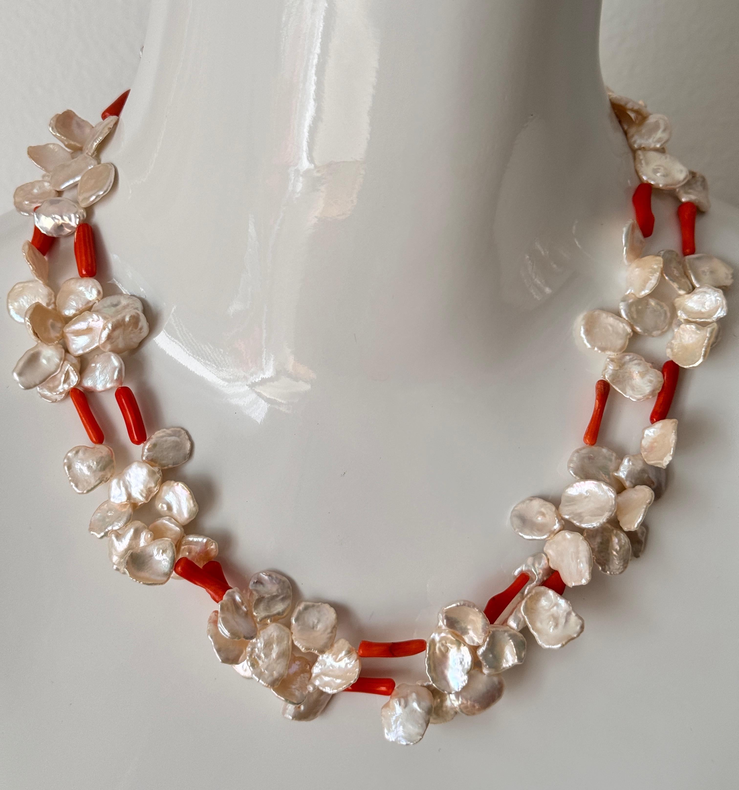 Freshwater Keshi Pearl Coral Two Strand Necklace For Sale 2