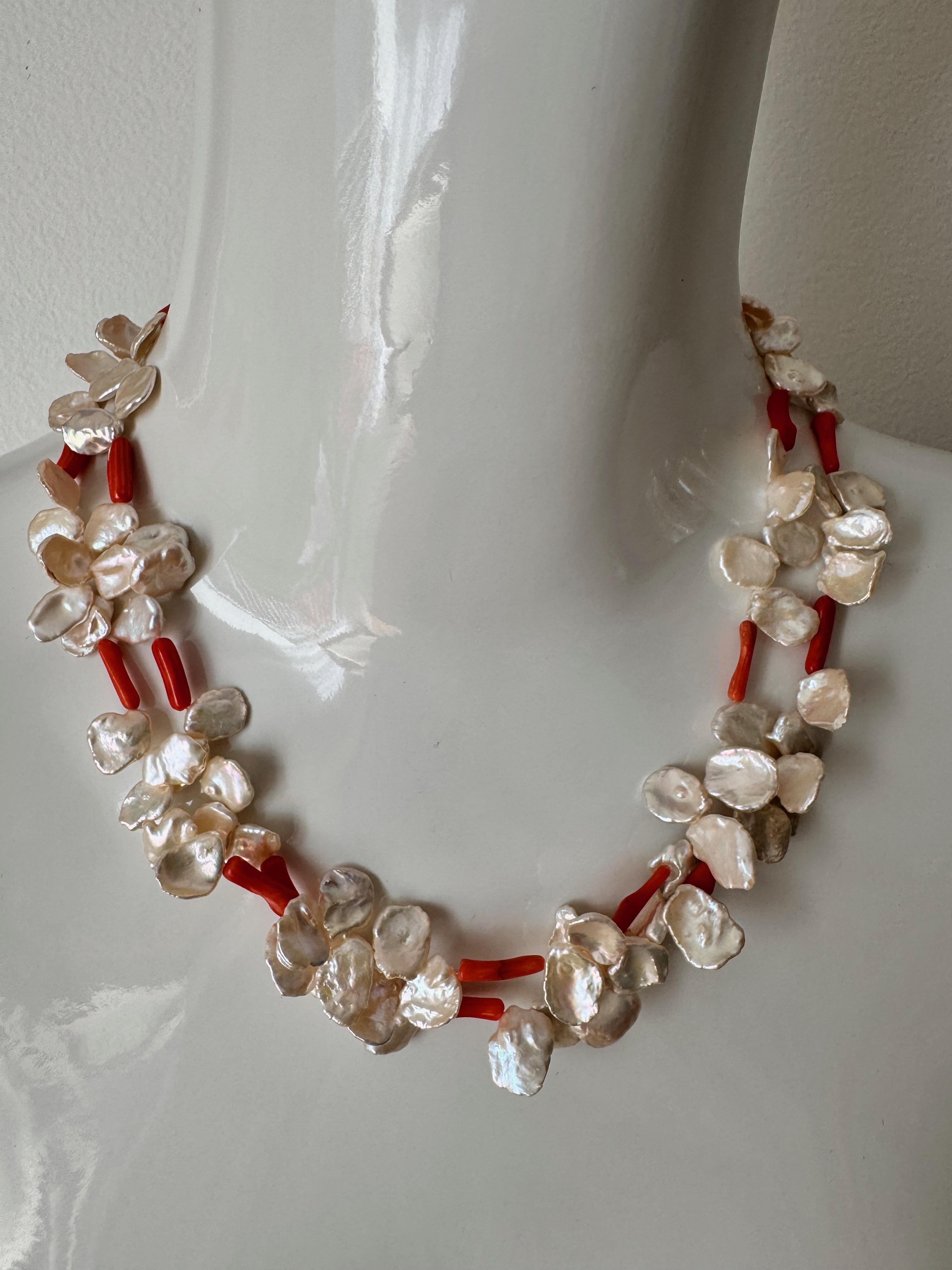 Freshwater Keshi Pearl Coral Two Strand Necklace For Sale 3