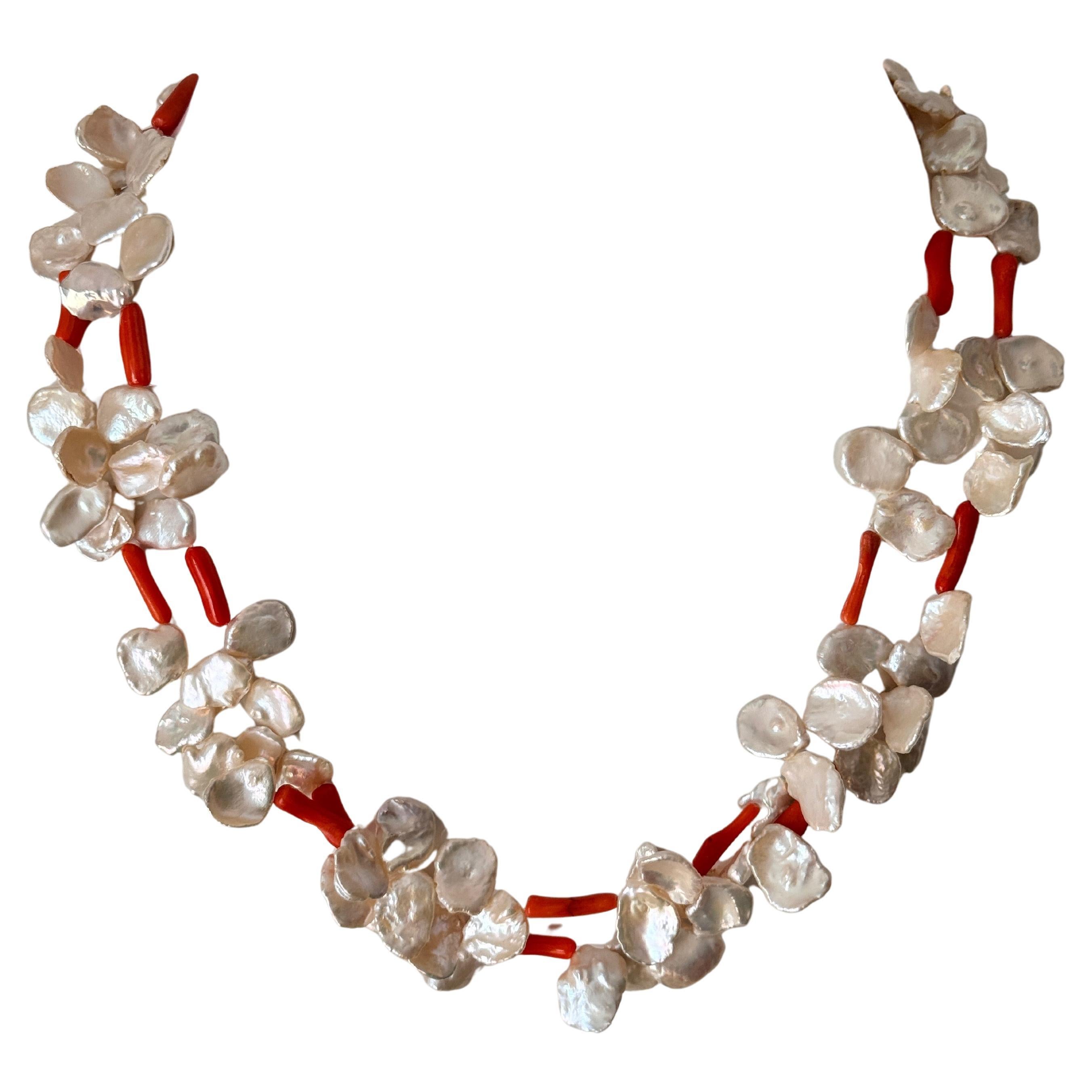 Freshwater Keshi Pearl Coral Two Strand Necklace For Sale