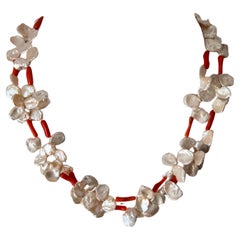 Freshwater Keshi Pearl Coral Two Strand Necklace