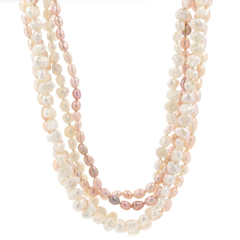 Metal Content: Guaranteed 14k Gold as stamped

Stone Information:
Freshwater Keshi Pearls - 

Necklace Style: Knotted Five-Strand
Measurements: length 29