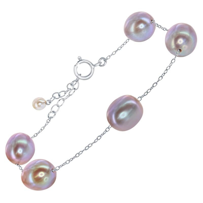 Freshwater Natural Pink Oval Pearl and Sterling Silver Tin-Cup Bracelet For Sale