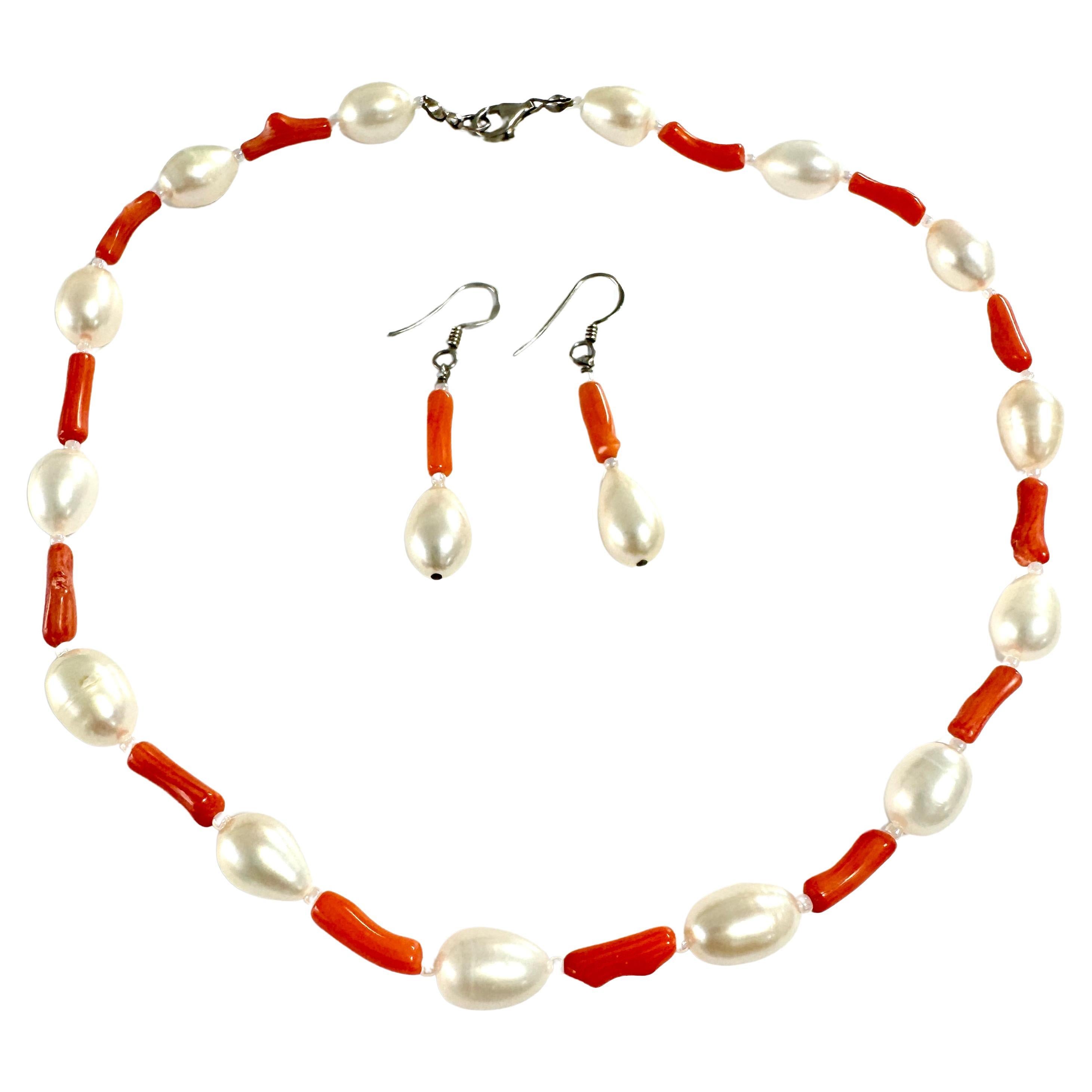 Artist Freshwater Oval White Pearl Coral Necklace Earrings Set For Sale