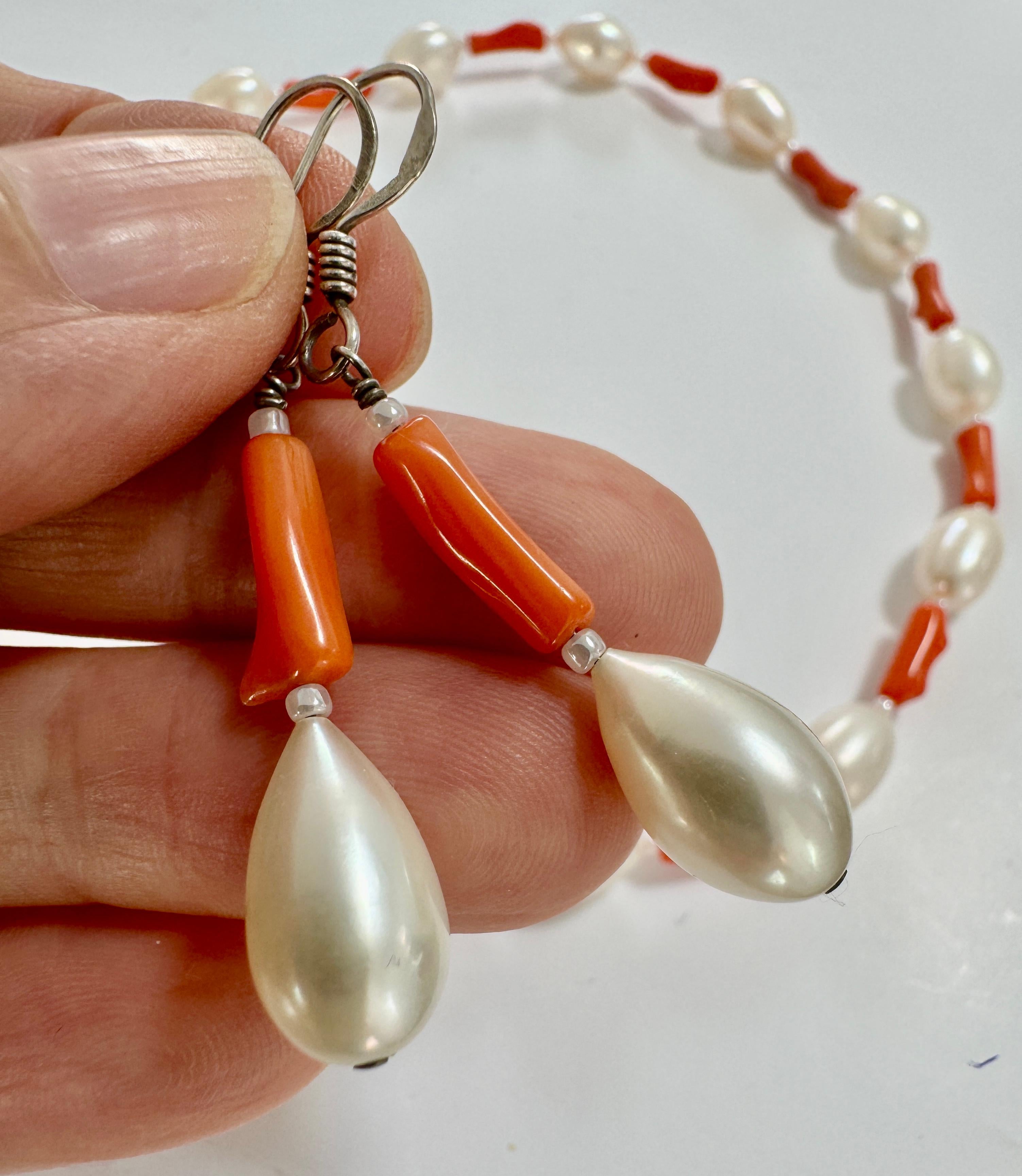 Uncut Freshwater Oval White Pearl Coral Necklace Earrings Set For Sale
