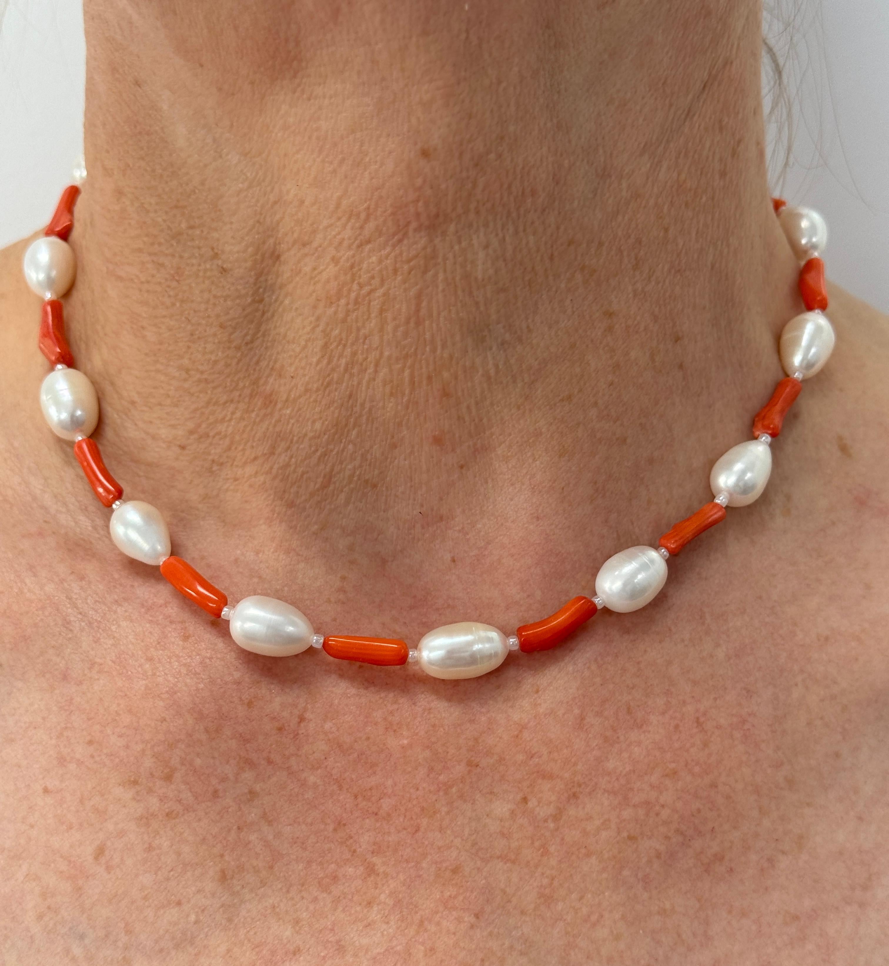 Freshwater Oval White Pearl Coral Necklace Earrings Set In New Condition For Sale In Lake Worth, FL