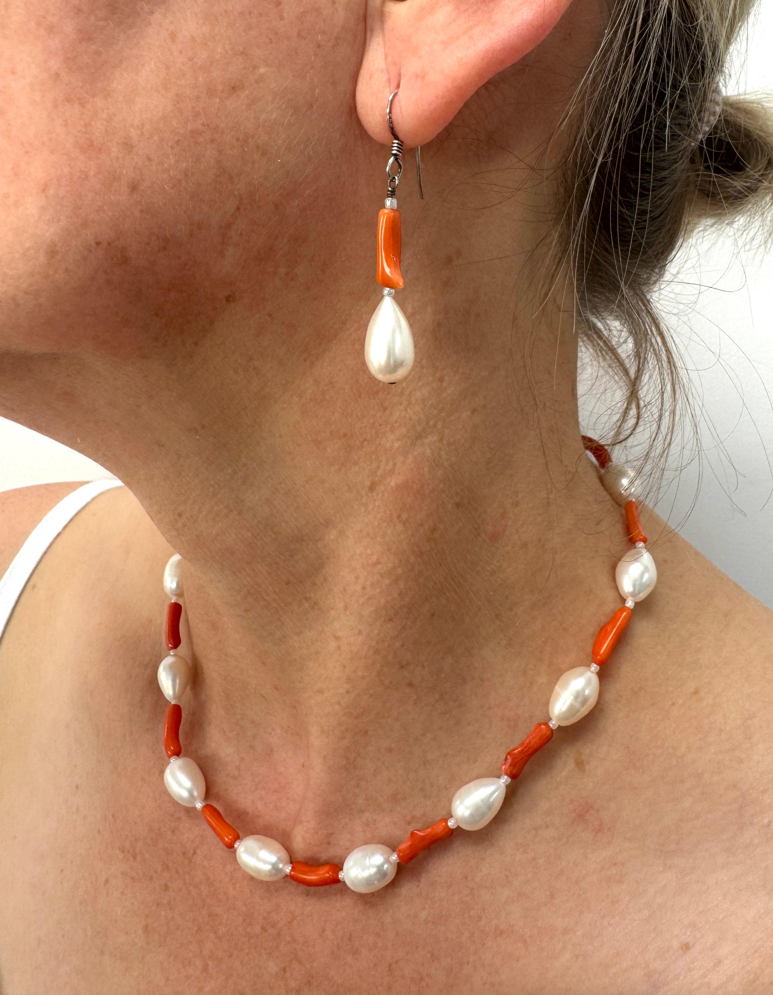 Women's Freshwater Oval White Pearl Coral Necklace Earrings Set For Sale