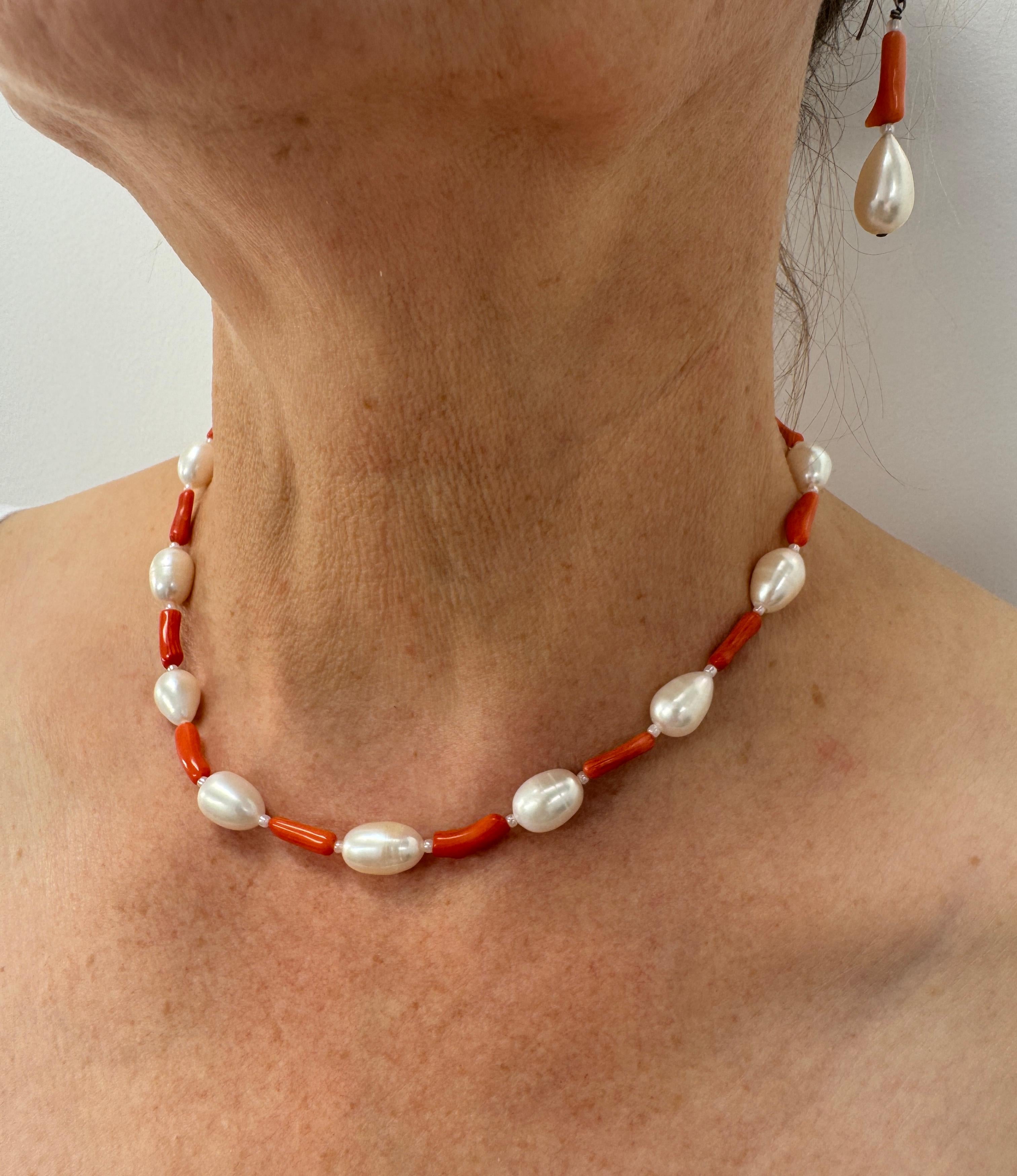 Freshwater Oval White Pearl Coral Necklace Earrings Set For Sale 1
