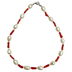 Freshwater Oval White Pearl Coral Necklace Earrings Set
