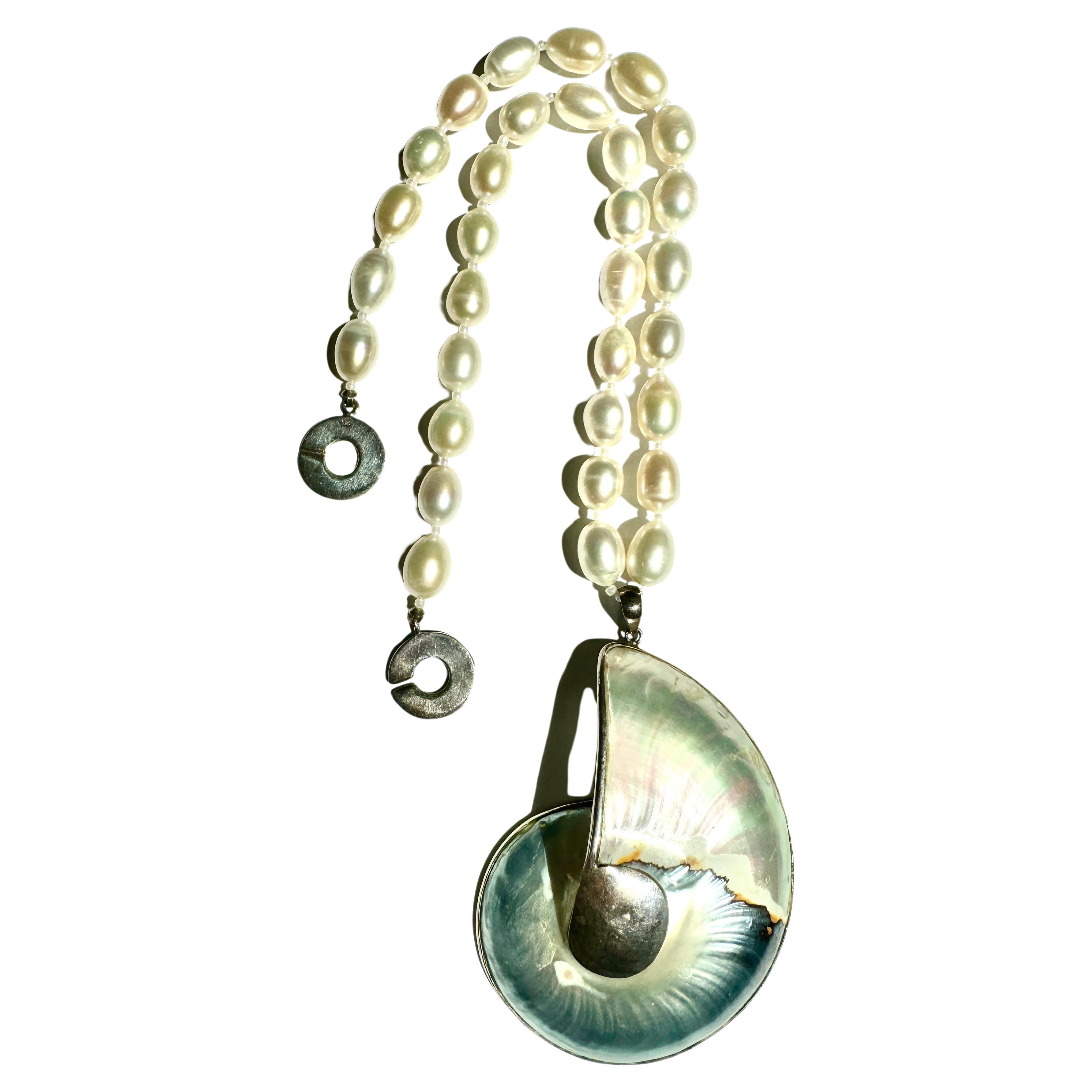 Artist Freshwater Oval White Pearl Necklace With Pendant For Sale