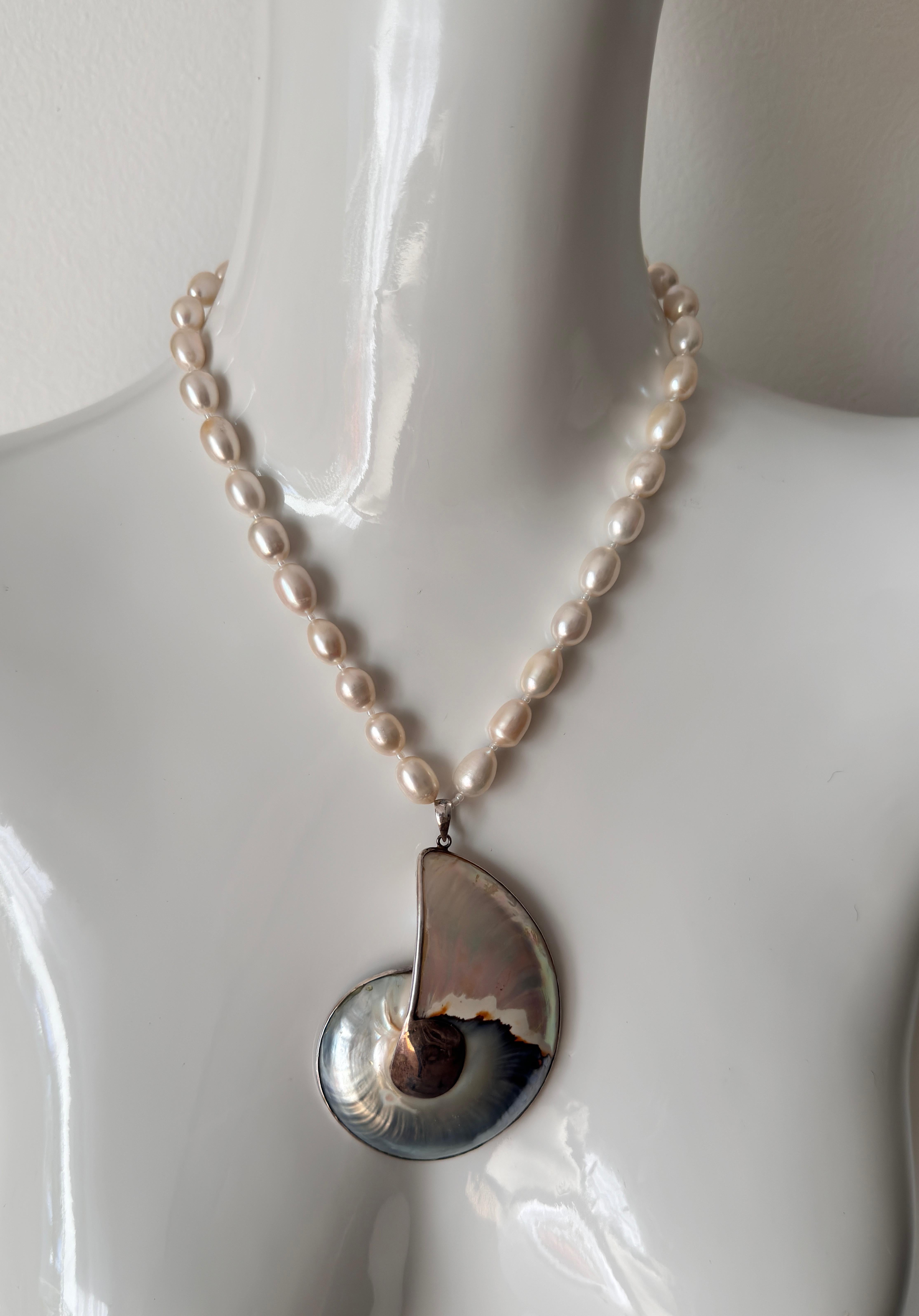 Women's Freshwater Oval White Pearl Necklace With Pendant For Sale