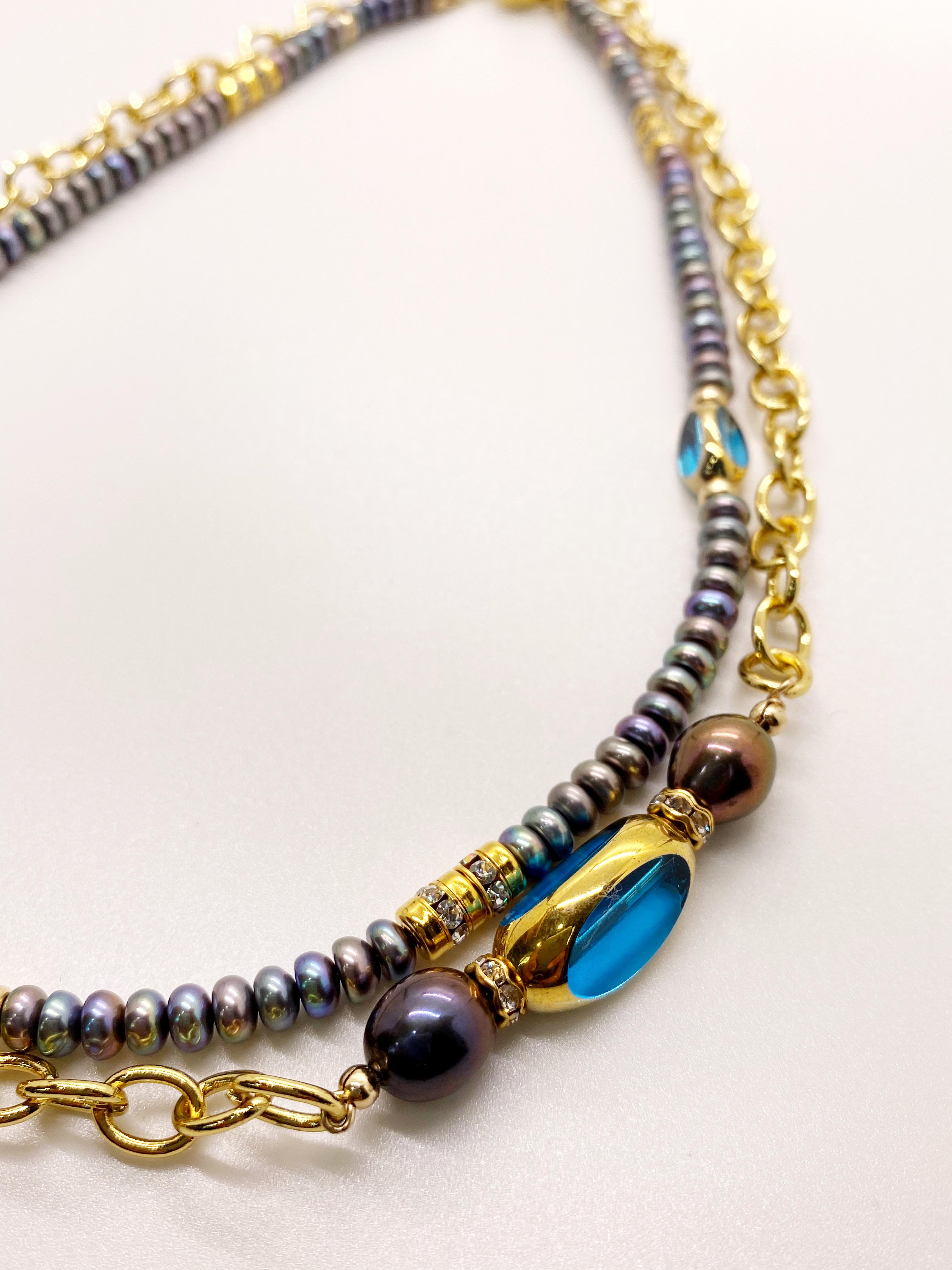 Contemporary Freshwater Peacock Pearls with 24K gold edged Vintage German Glass Beads 