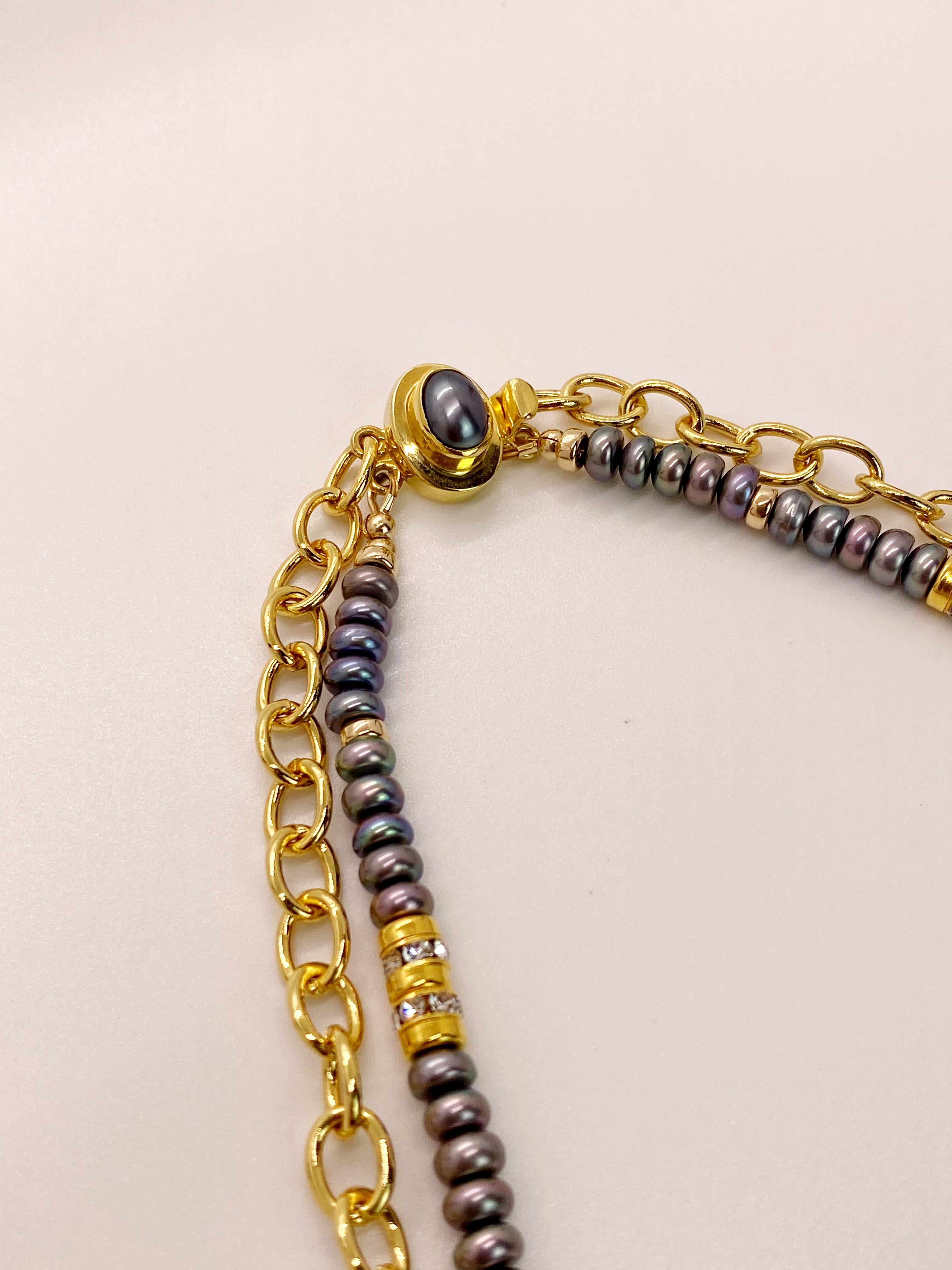 Freshwater Peacock Pearls with 24K gold edged Vintage German Glass Beads  In New Condition In Monrovia, CA
