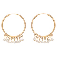 Freshwater Pearl 1" Hoop Earrings Vintage 18k Yellow Gold Estate Fine Jewelry