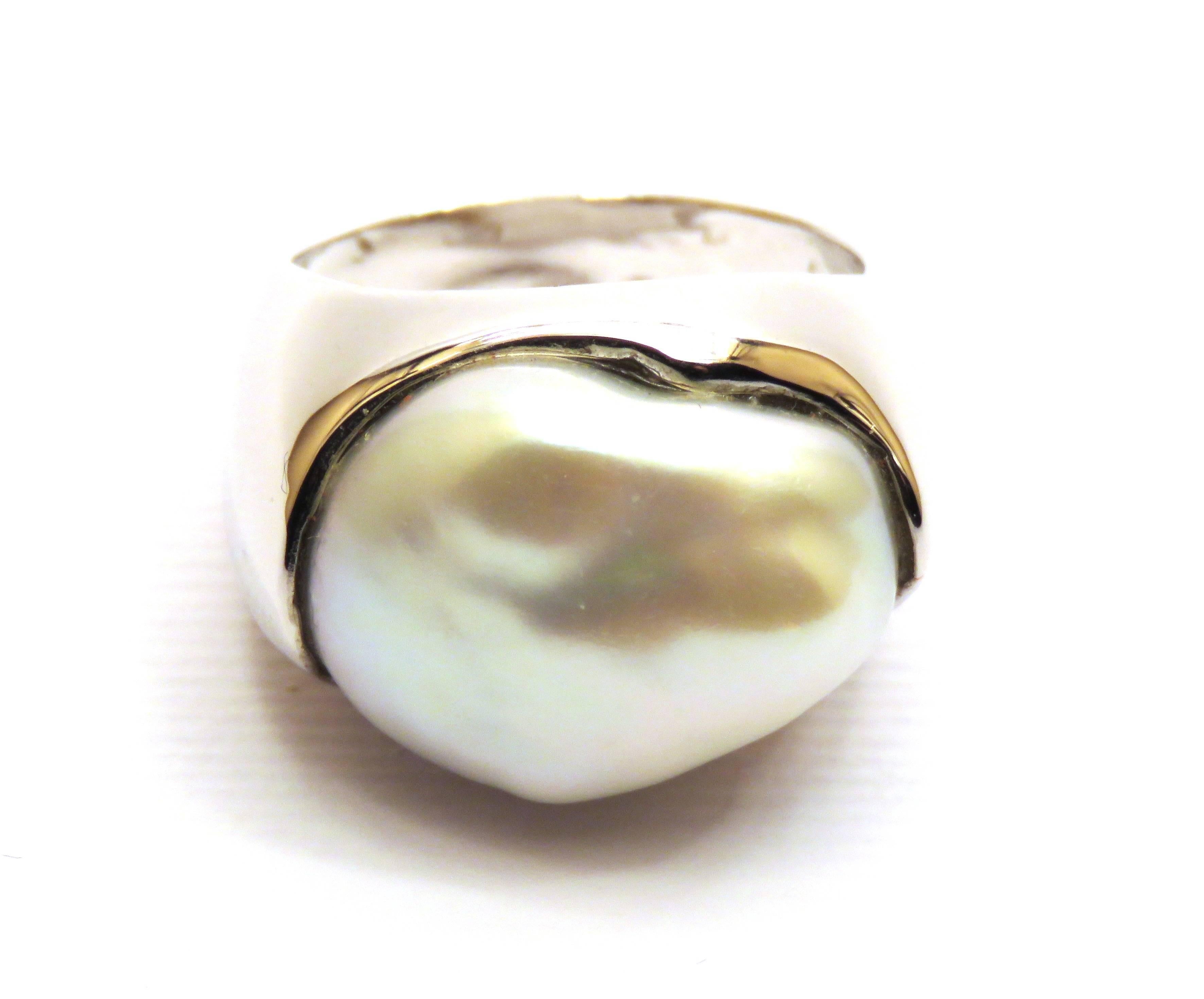 Women's Freshwater Pearl 18 Karat White Gold Ring Dome Cocktail Ring