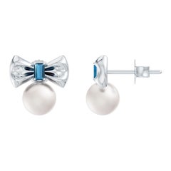 Freshwater Pearl 7MM and London Blue Topaz Bow Stud Earrings in 14K White Gold