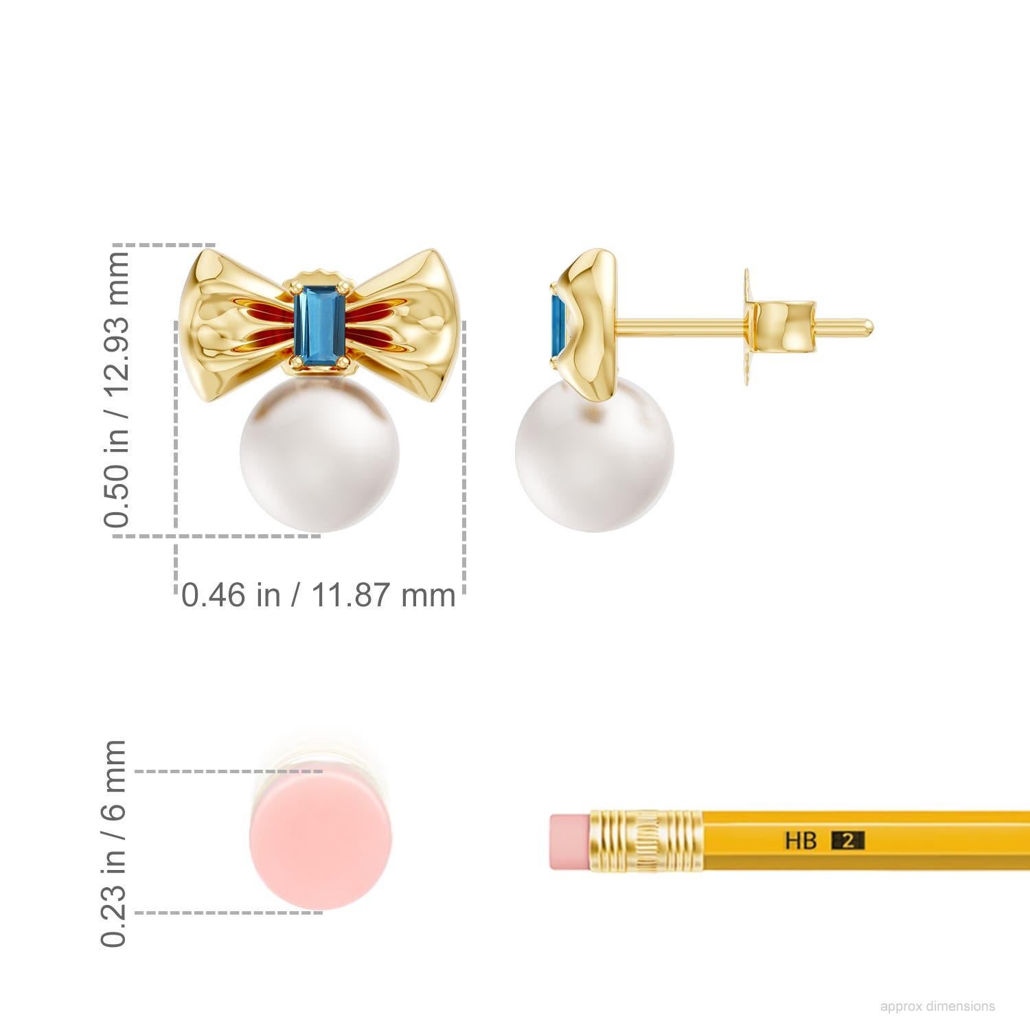 Round Cut Freshwater Pearl 7MM and London Blue Topaz Bow Stud Earrings in 14K Yellow Gold For Sale
