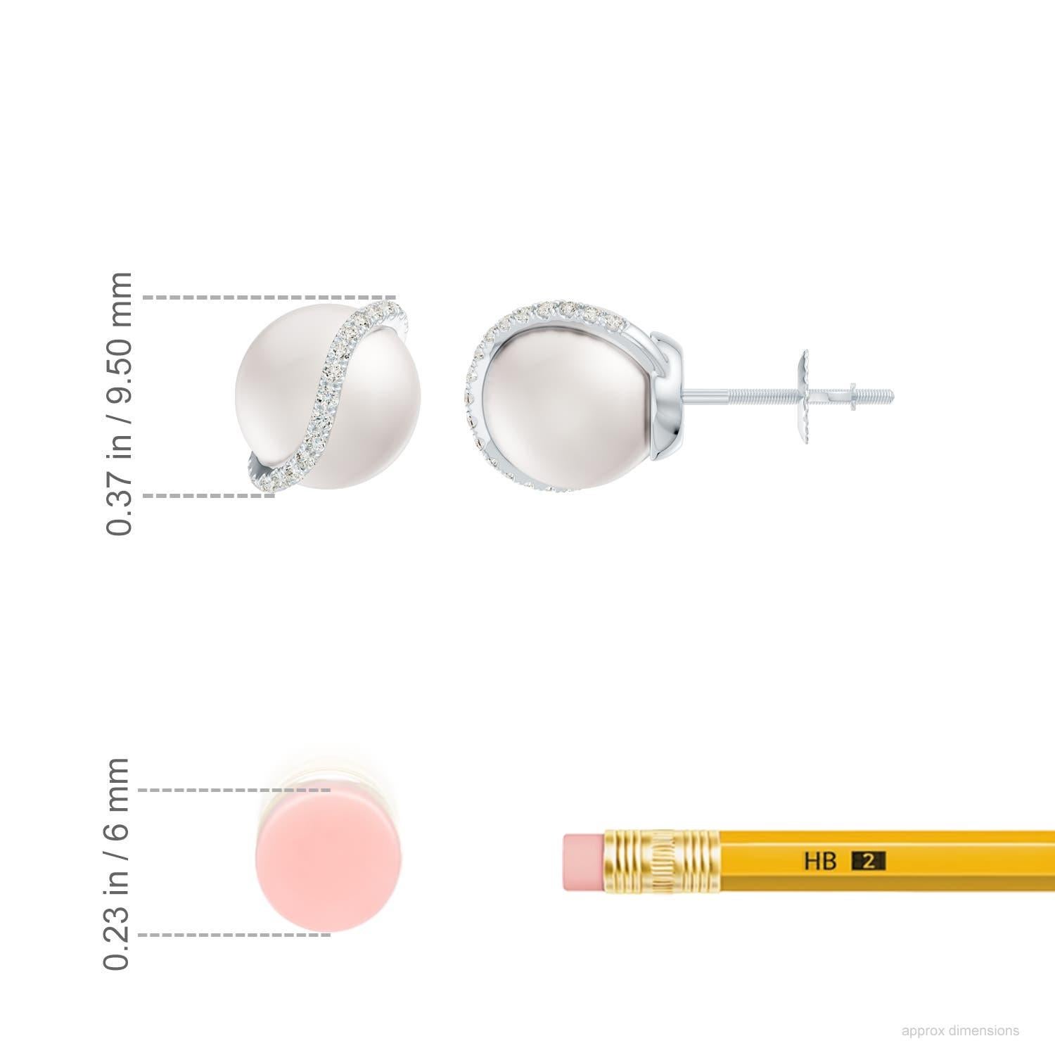 Round Cut Freshwater Pearl 8MM with Diamond Wave Stud Earrings in 14K White Gold For Women For Sale