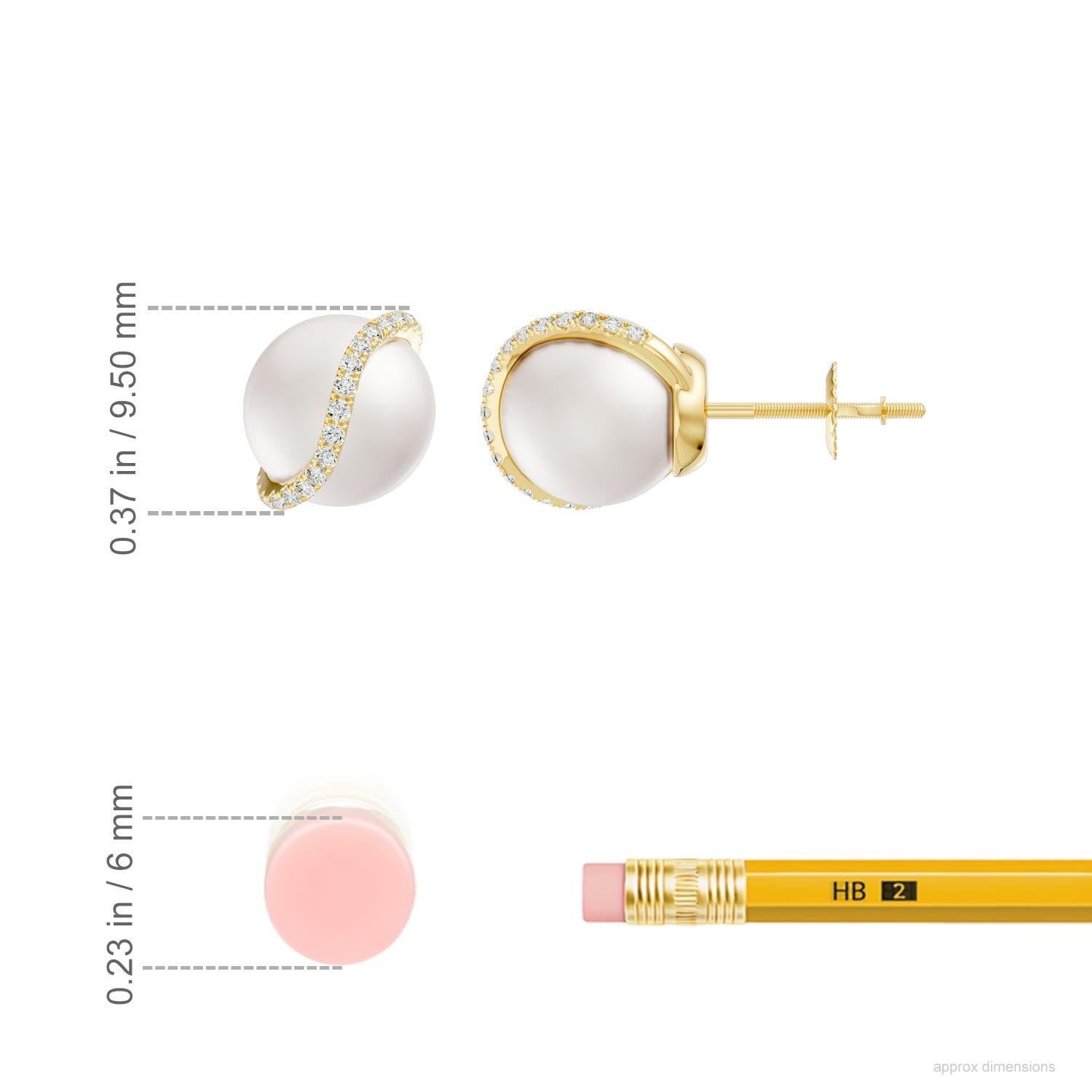 Round Cut Freshwater Pearl 8MM with Diamond Wave Stud Earrings in 14K YellowGold For Women For Sale