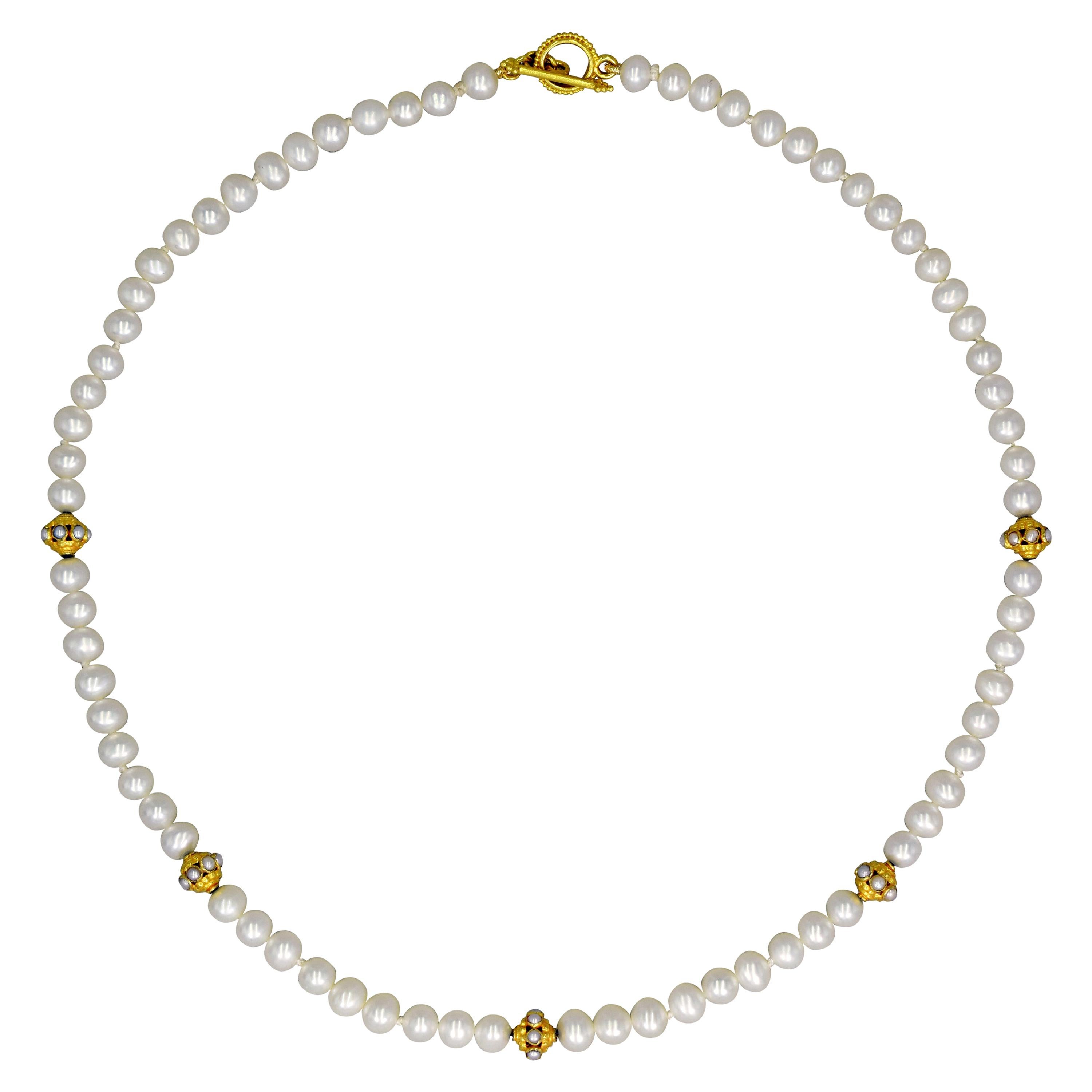Freshwater Pearl and 22 Karat Gold Beaded Necklace For Sale