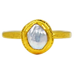 Freshwater Pearl and 22 Karat Gold Bezel Solitaire Stacker Ring