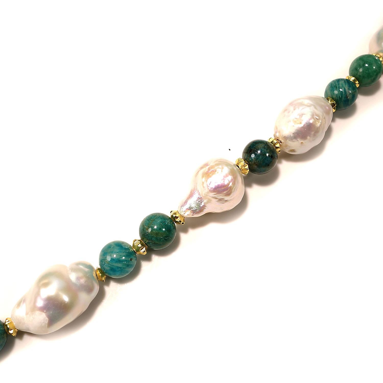 AJD 28 Inch Freshwater Pearl and Amazonite Necklace June Birthstone In New Condition In Raleigh, NC