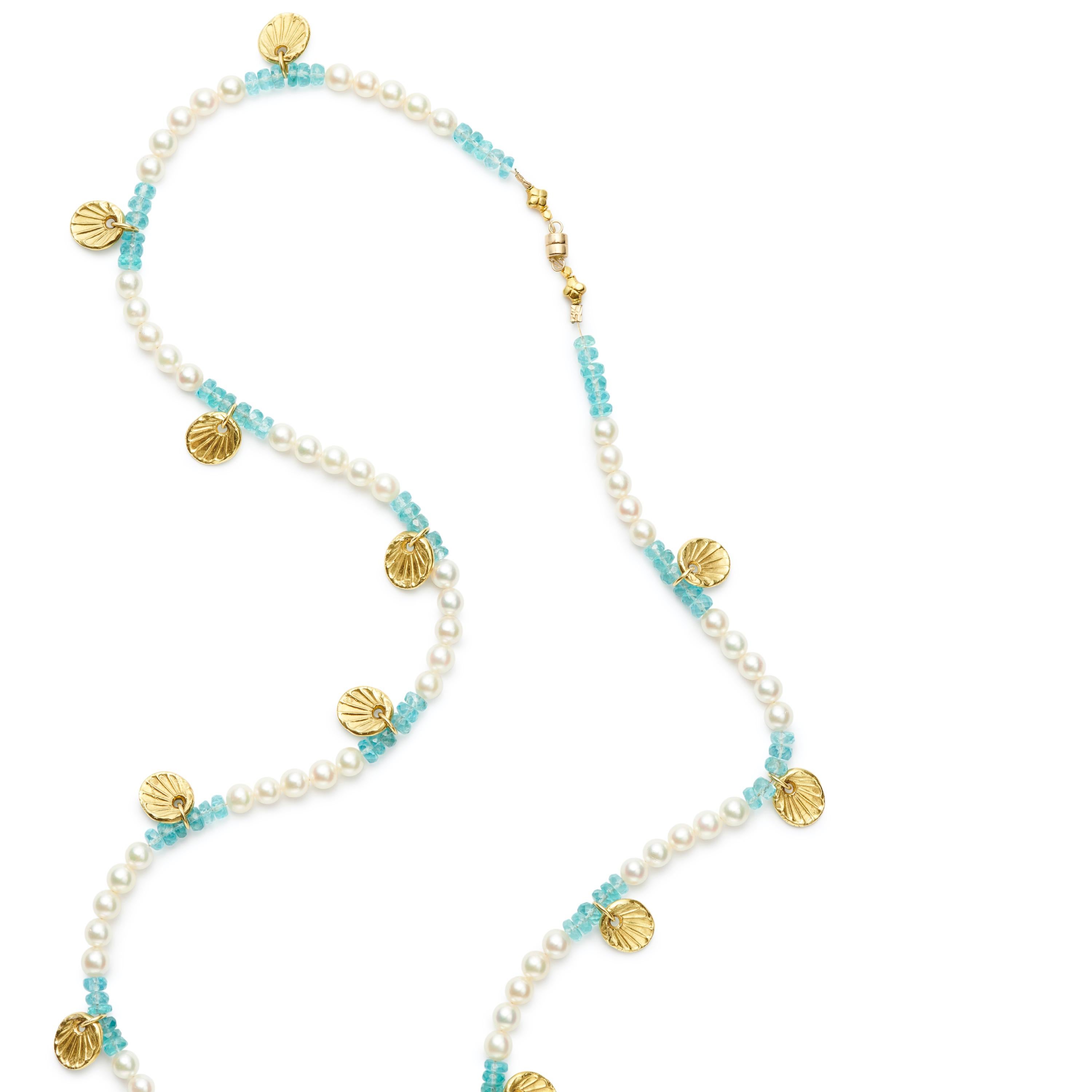 26 inch freshwater pearl and apatite bead necklace with 18kt gold scallop shells and magnetic clasp