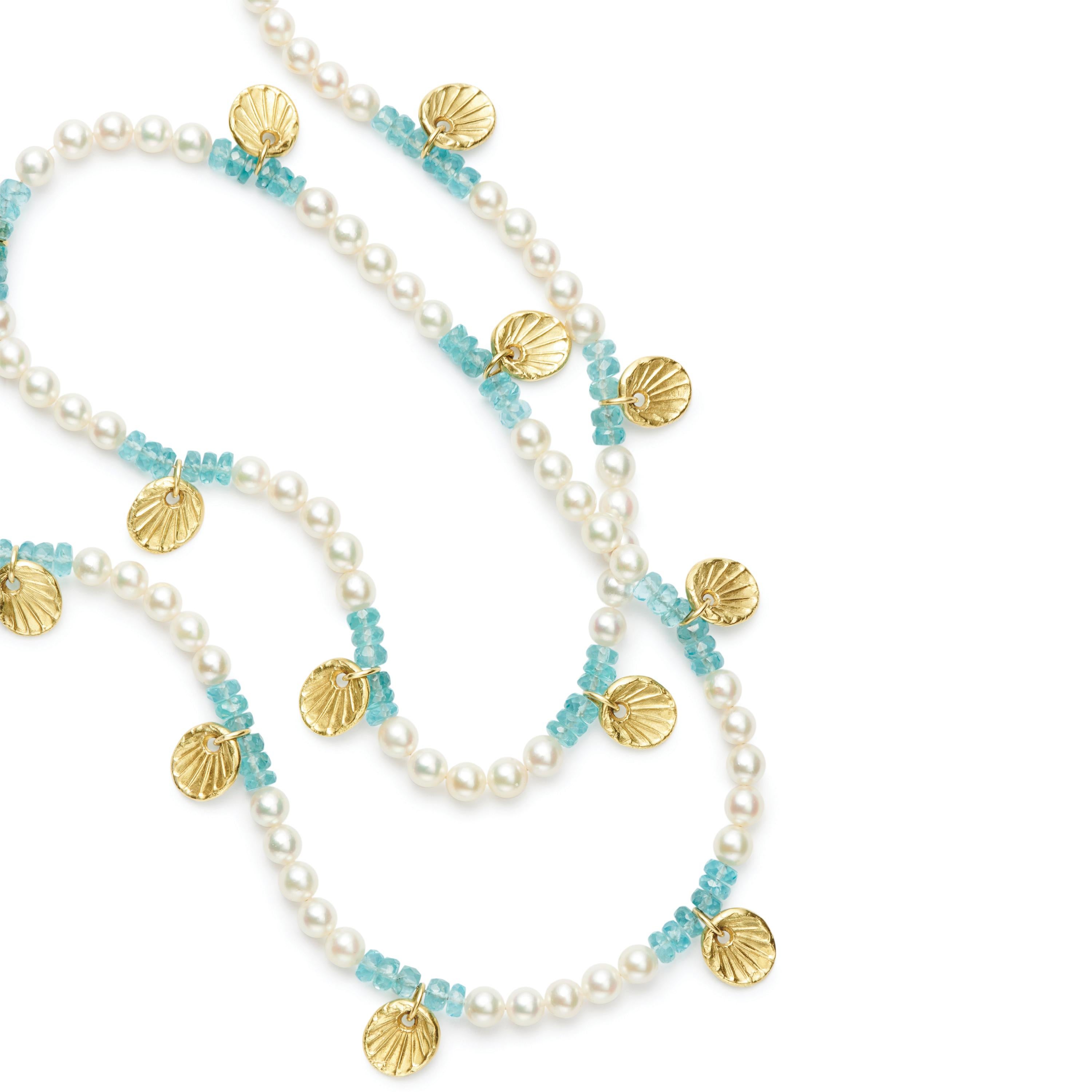 freshwater pearl and apatite bead necklace with gold scallop shells and magnetic clasp
