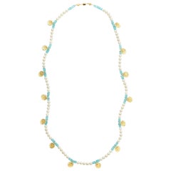 Susan Lister Locke 26" Freshwater Pearl & Apatite Bead Necklace, 18K Gold Shells