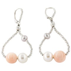 Freshwater Pearl and Coral Drop Earrings with Sterling Silver Diamond Cut Beads