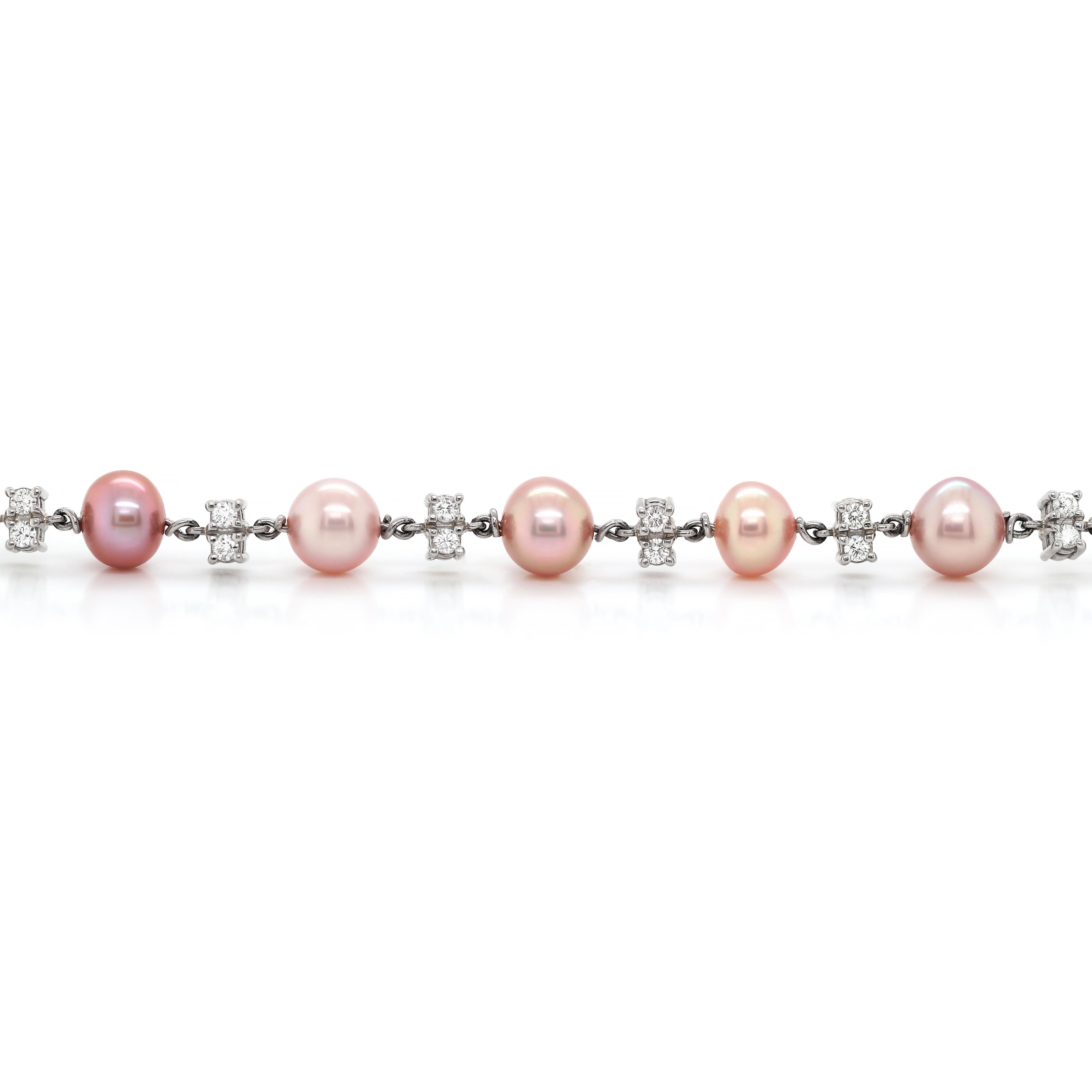 Modern Freshwater Pearl and Diamond 18 Carat White Gold Bracelet For Sale