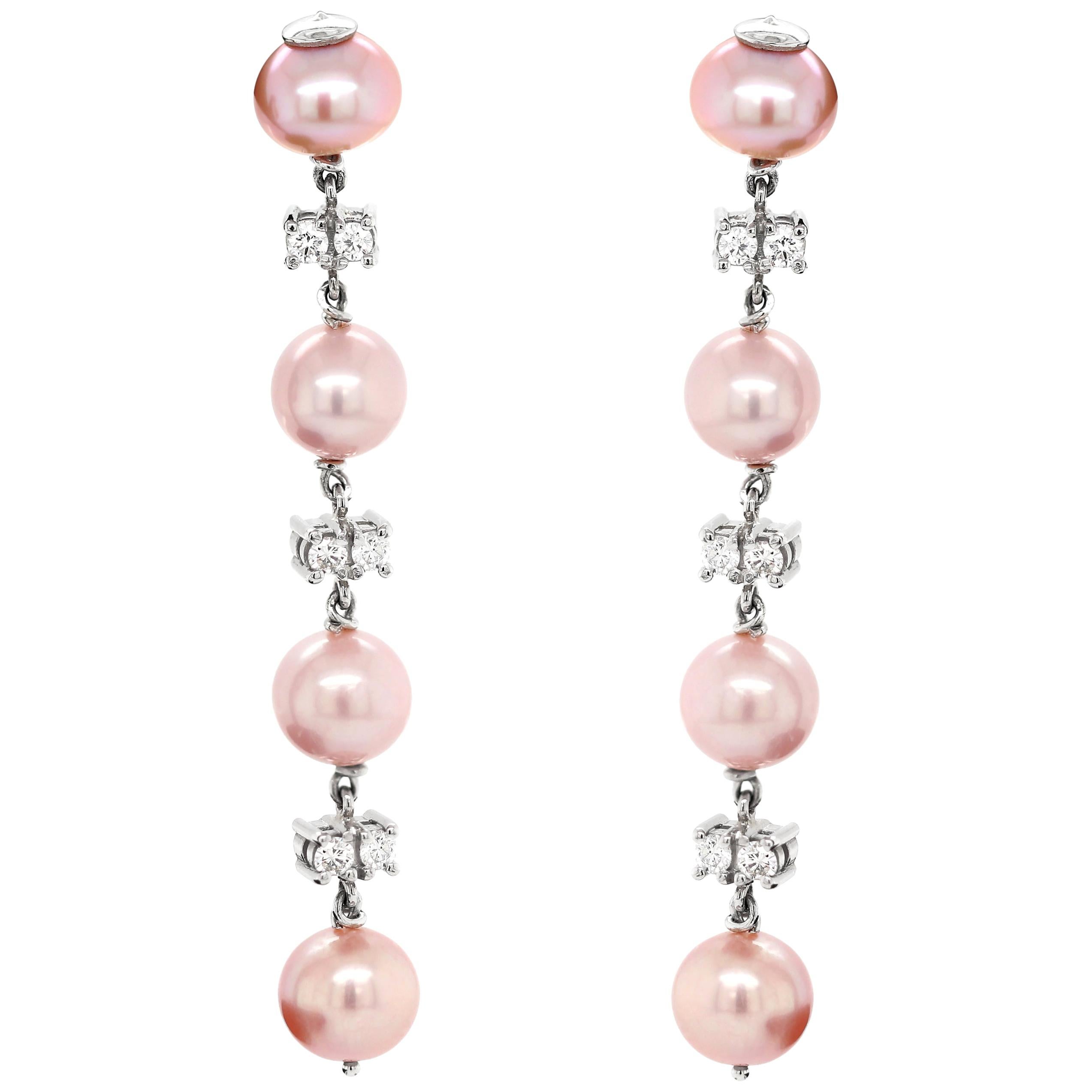 Freshwater Pearl and Diamond 18 Carat White Gold Drop Earrings