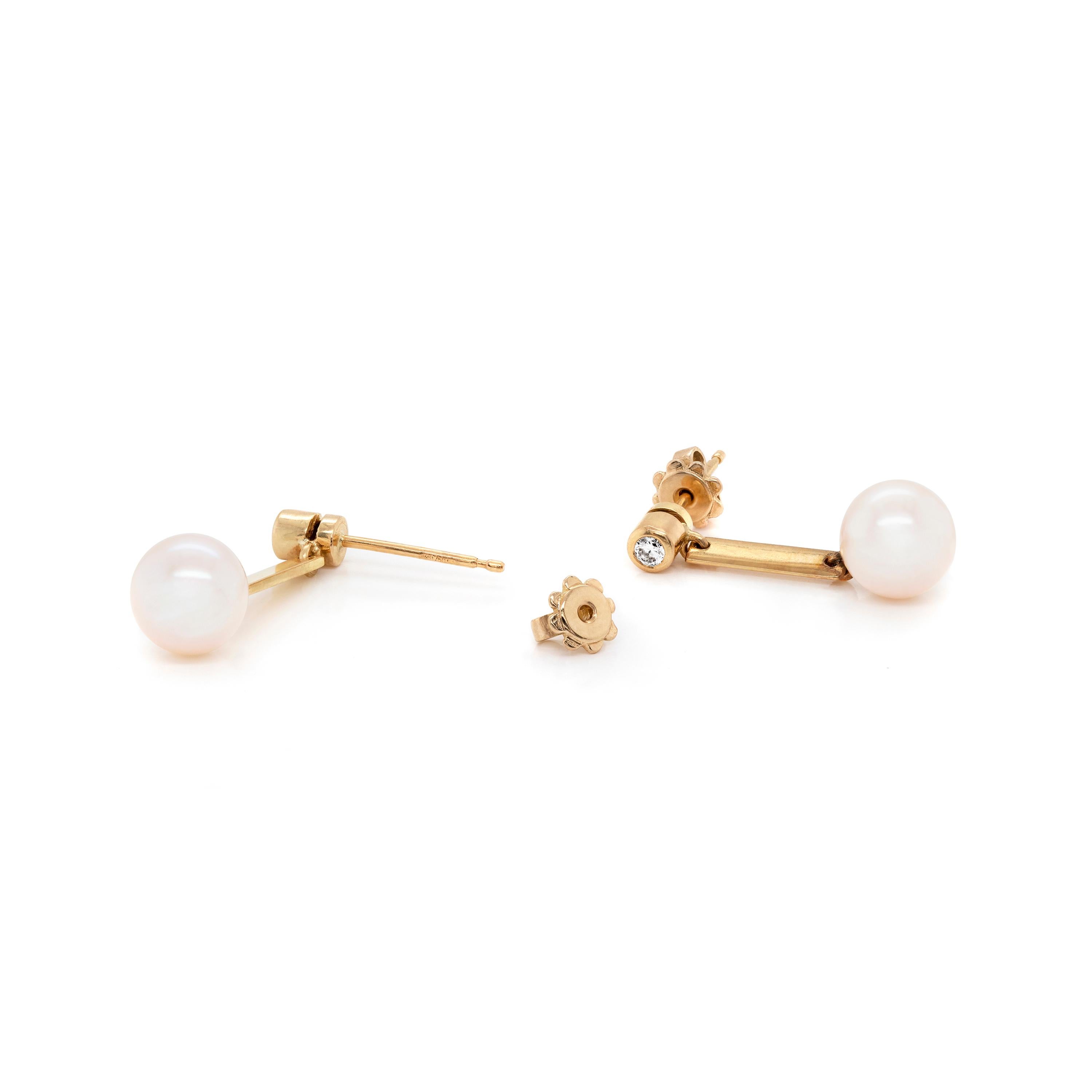 Brilliant Cut Freshwater Pearl and Diamond 18 Carat Yellow Gold Drop Earrings For Sale