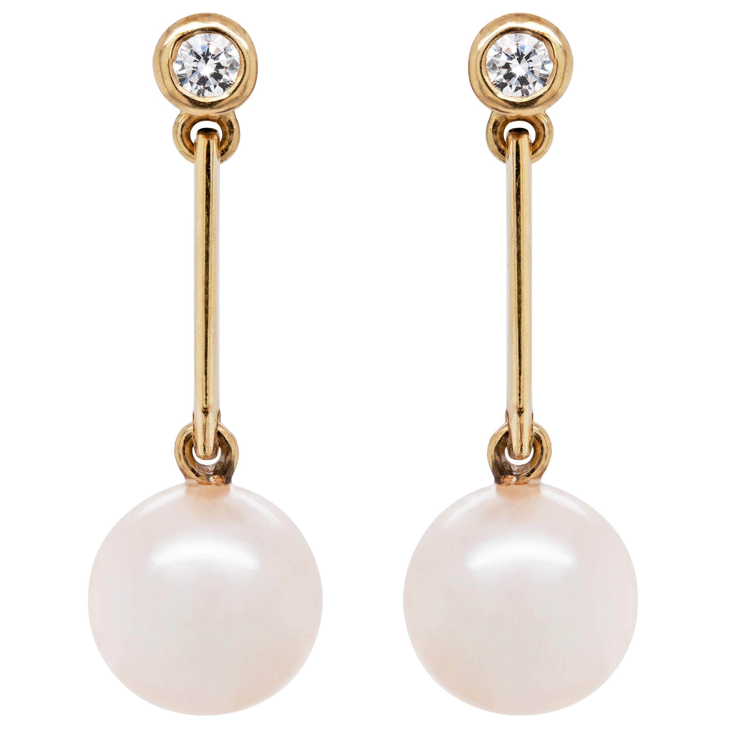 Freshwater Pearl and Diamond 18 Carat Yellow Gold Drop Earrings