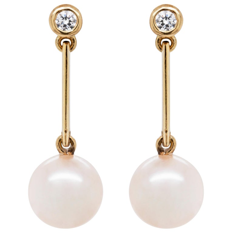 Freshwater Pearl and Diamond 18 Carat Yellow Gold Drop Earrings For Sale