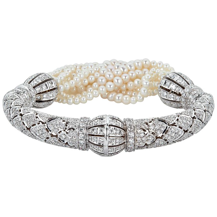 Freshwater Pearl and Diamond Cuff Bracelet For Sale