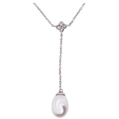 Freshwater Pearl and Diamond Lariat Y Necklace 14 Karat Gold White Pearl Drop